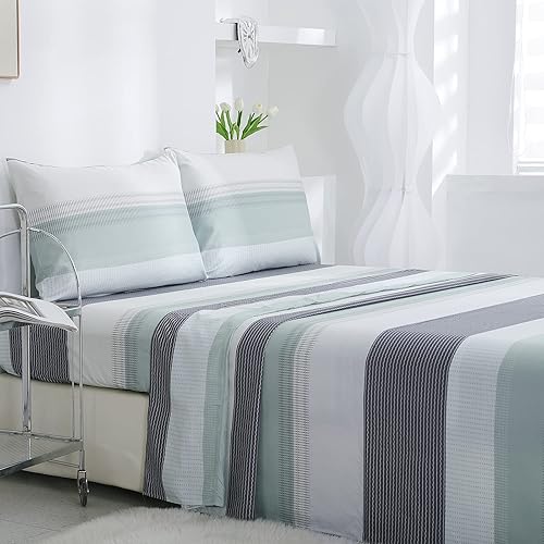 Miniatura 1 de 8HMOON Juego de sábanas tamaño Queen, 4 piezas de microfibra suave a rayas, sin arrugas, con sábana encimera, sábana bajera, fundas de almohada