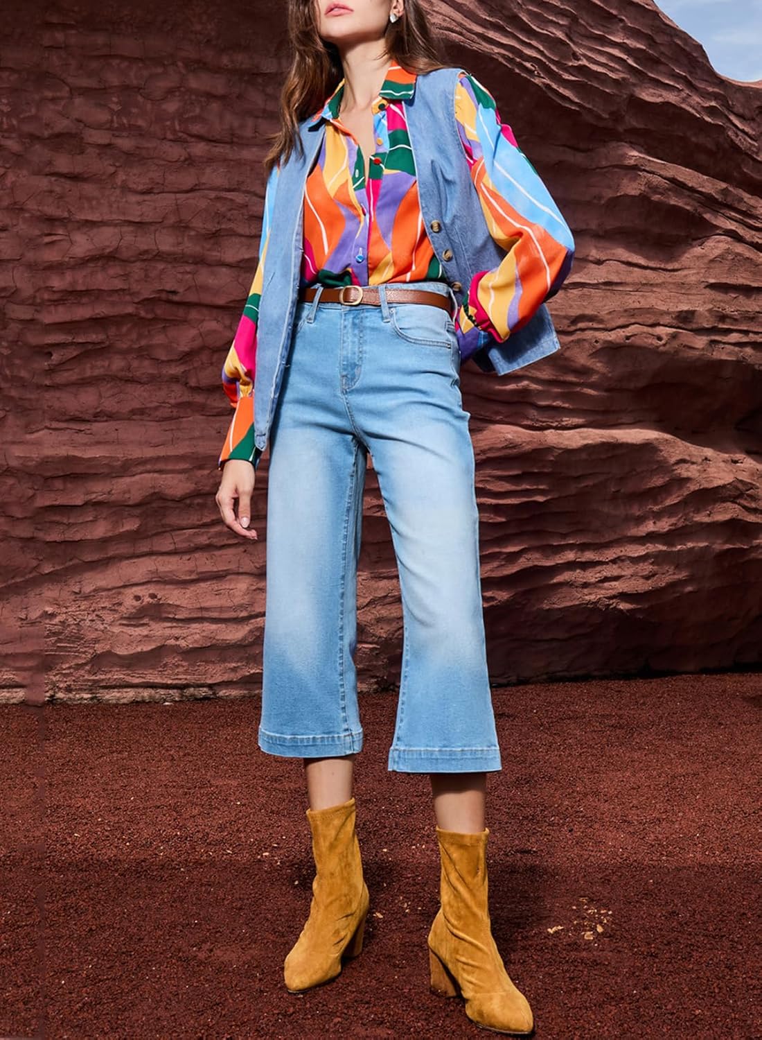 Sidefeel Women's Wide Leg Jeans High Waisted Stretchy Capri Pants - Image 6