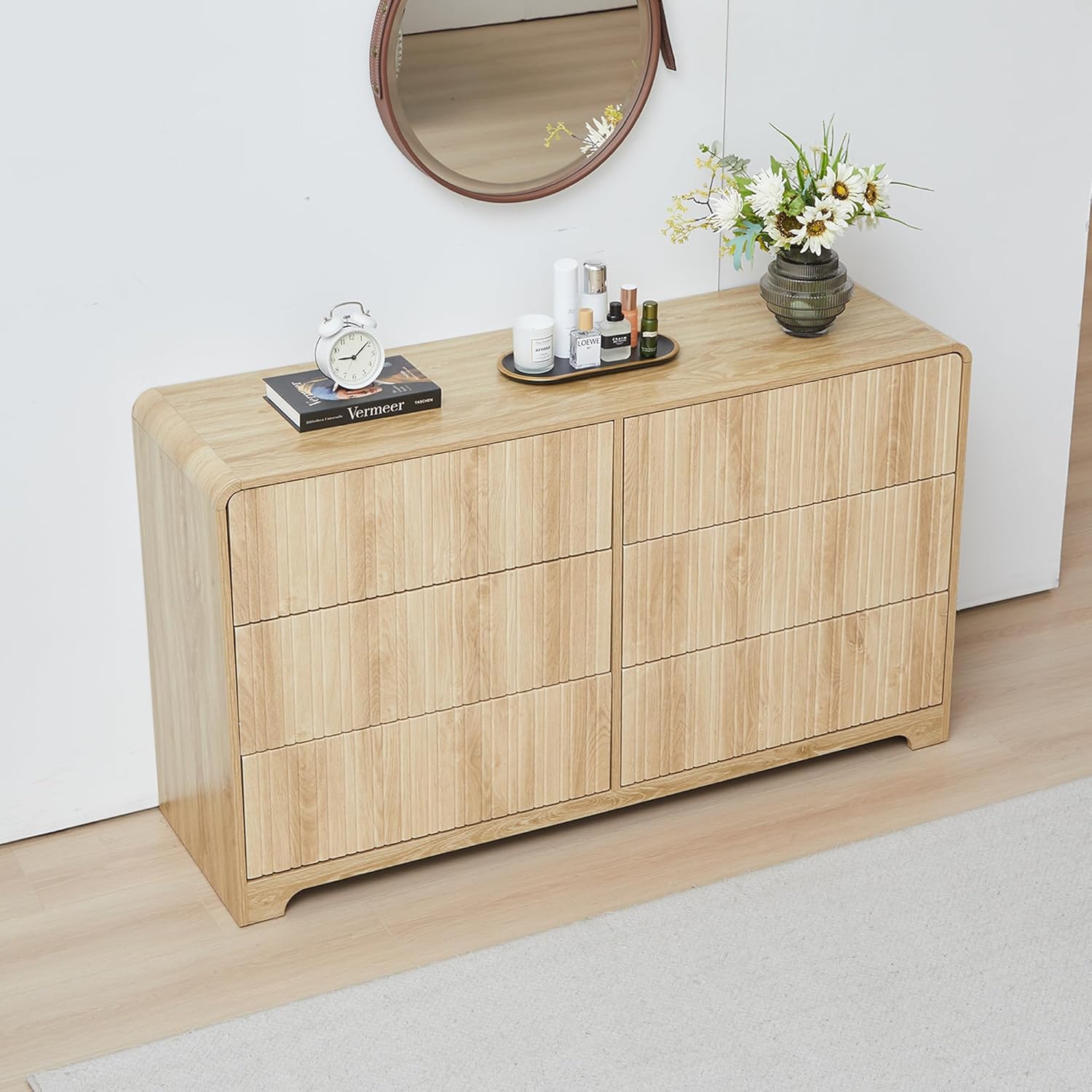 Fluted 6 Drawers Dresser for Bedroom, 53" Wide Mid Century Modern Chest of Drawer with Curved Profile Design, Large Double Wood Dresser for Living Room Natural 15.8"D x 53"W x 30.7"H (6 Drawers)