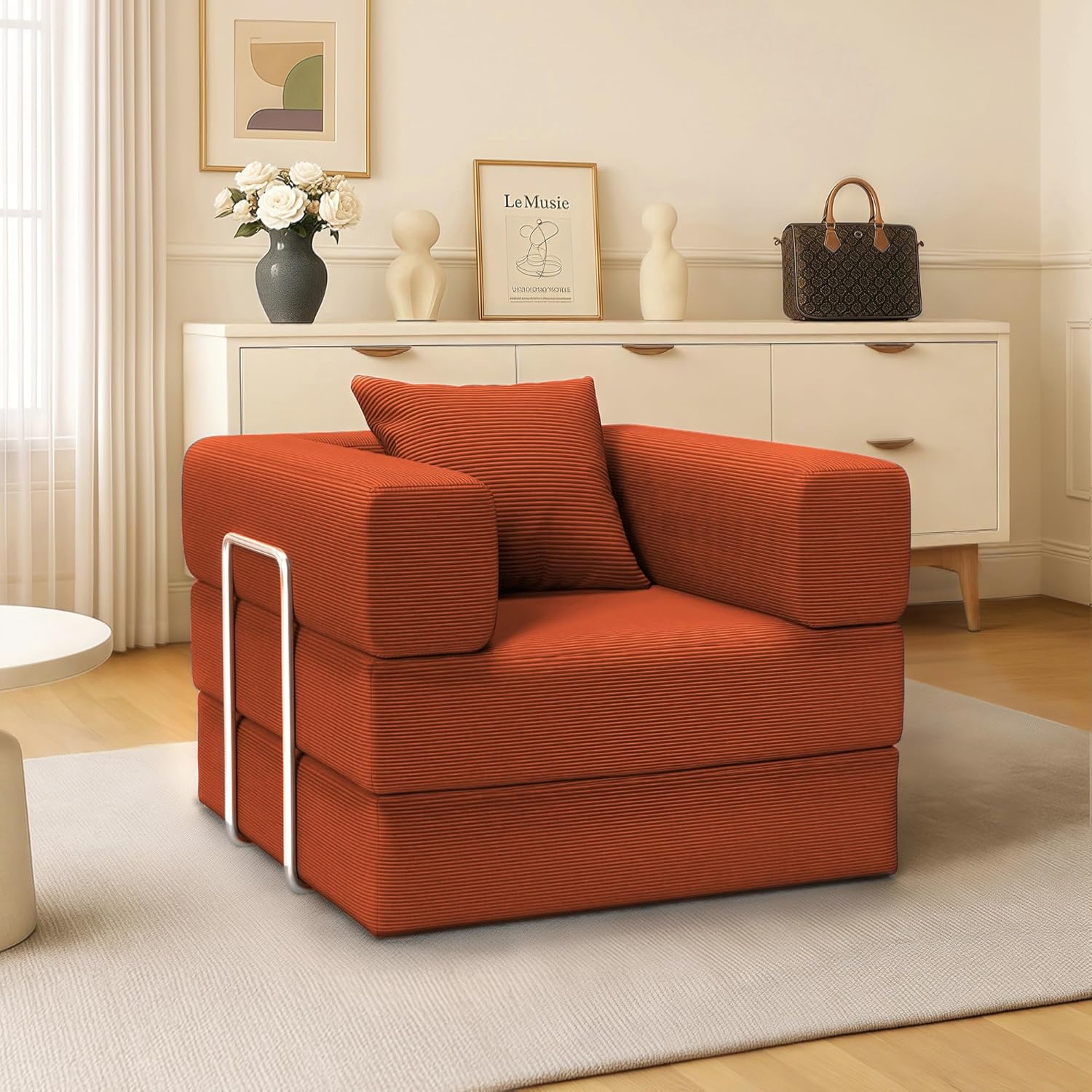 Folding Sofa Bed, 2 in 1 Convertible Sofas to Lounger Comfy Single Bean Bag Chair Floor Portable Foldable Sleeper Lazy Futon Couch Chair for Bedroom, Living Room(Orange, 35.43" Single Sofa) Orange 35.43" Single Sofa