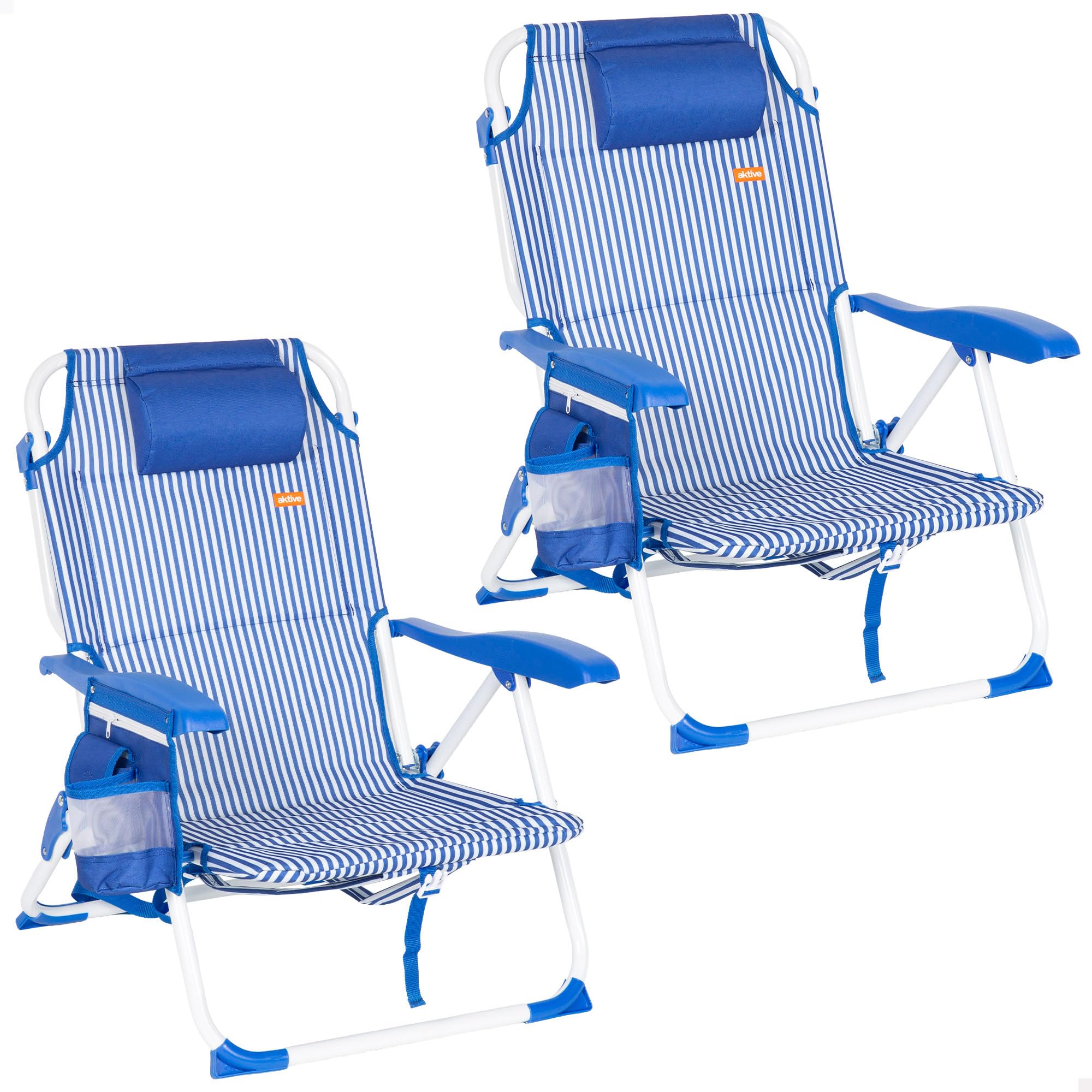 AKTIVE Pack 2 sillas Playa, 48x58x76 cm, Rayas marineras, 4 Posiciones, Bolsillos, Posavasos, Antivuelco, Peso soportado por Silla 110 kg, Cojín, Modo Tumbona, Asas Tipo Mochila (85556)