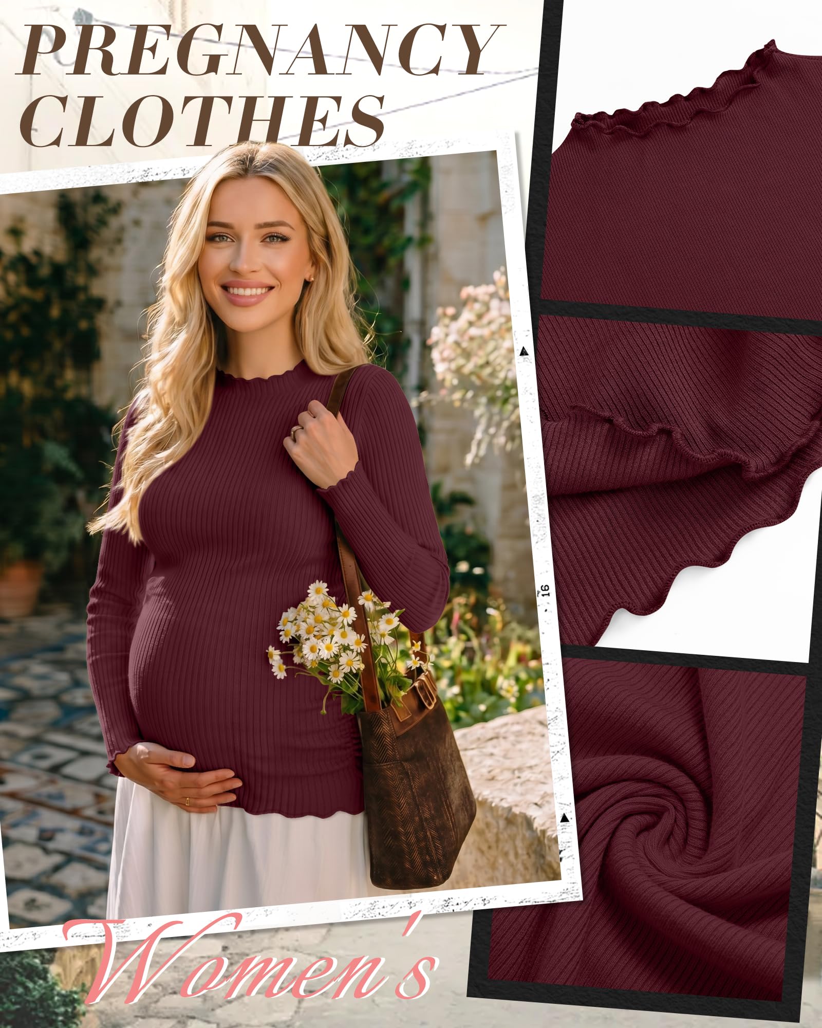 Geyoga 3er-Pack Umstandsshirts für Damen, gerippte Stricktops, langärmelig, Stehkragen, Basic-Tunika, Herbstkleidung