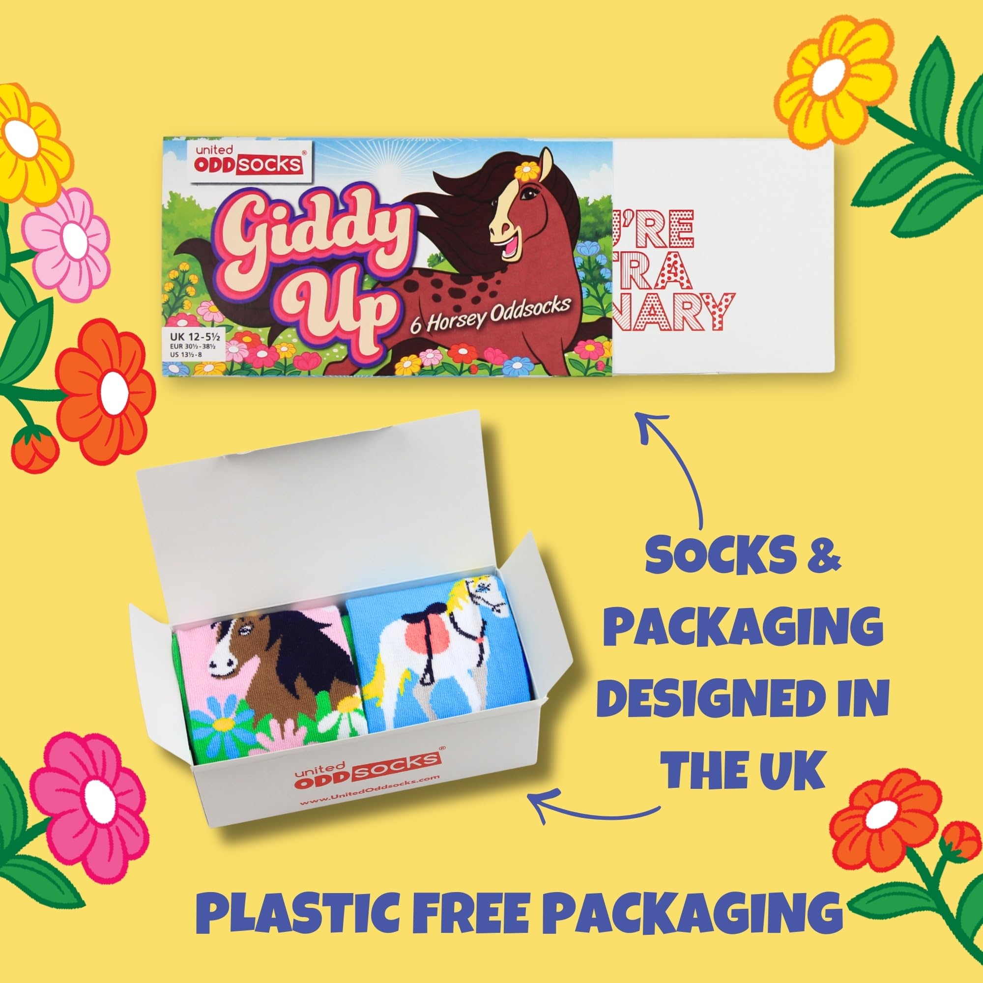 United Oddsocks Giddy Up Box of 6 Horsey Oddsocks For Girls UK 12-5.5 EUR 30.5-38.5