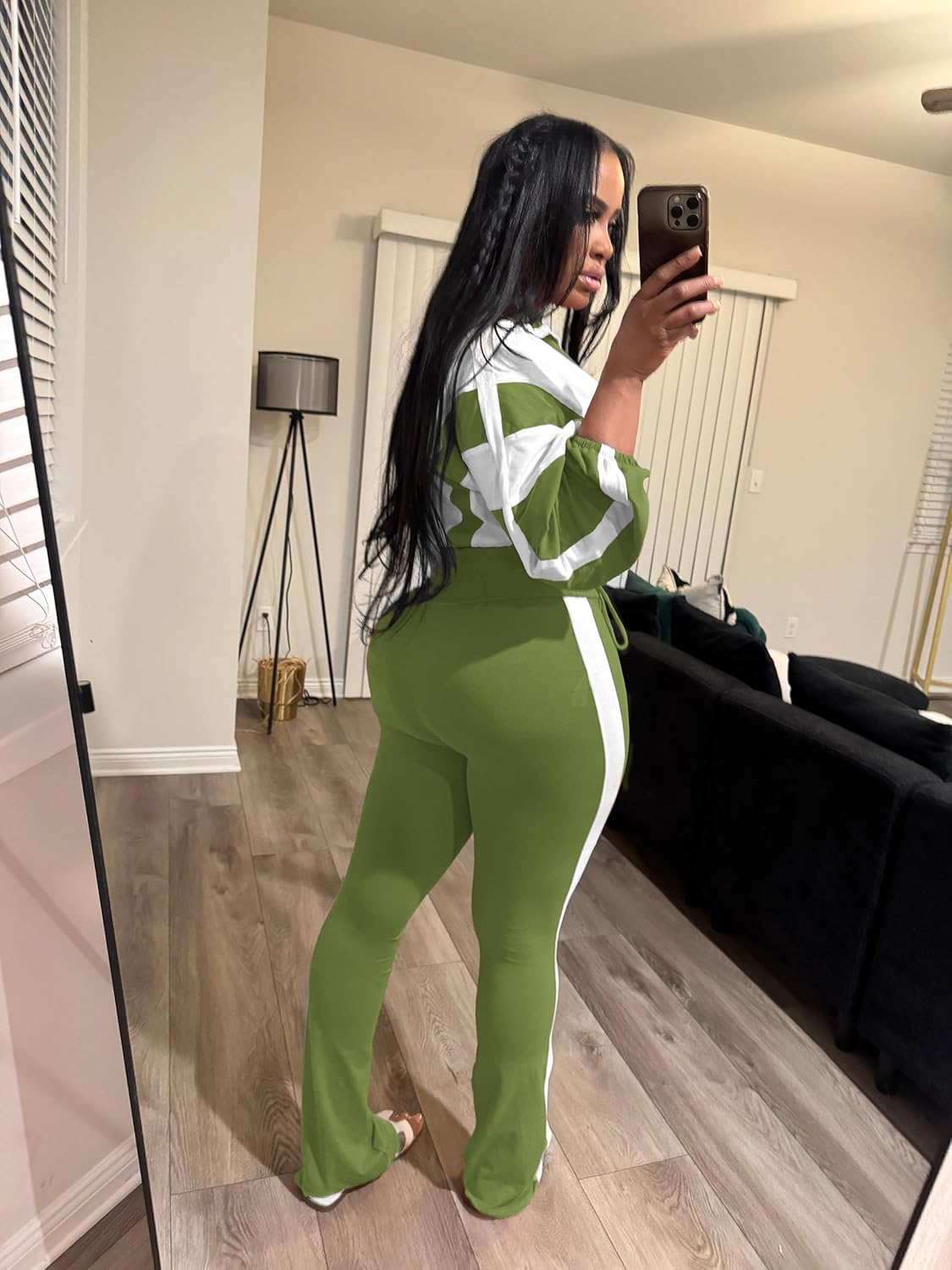 Vssjavun Women 2 Piece Outfit Color Block Long Sleeve Zip Drawstring Cropped Jacket Bodycon Long Pants Set Sweatsuit - Image 4