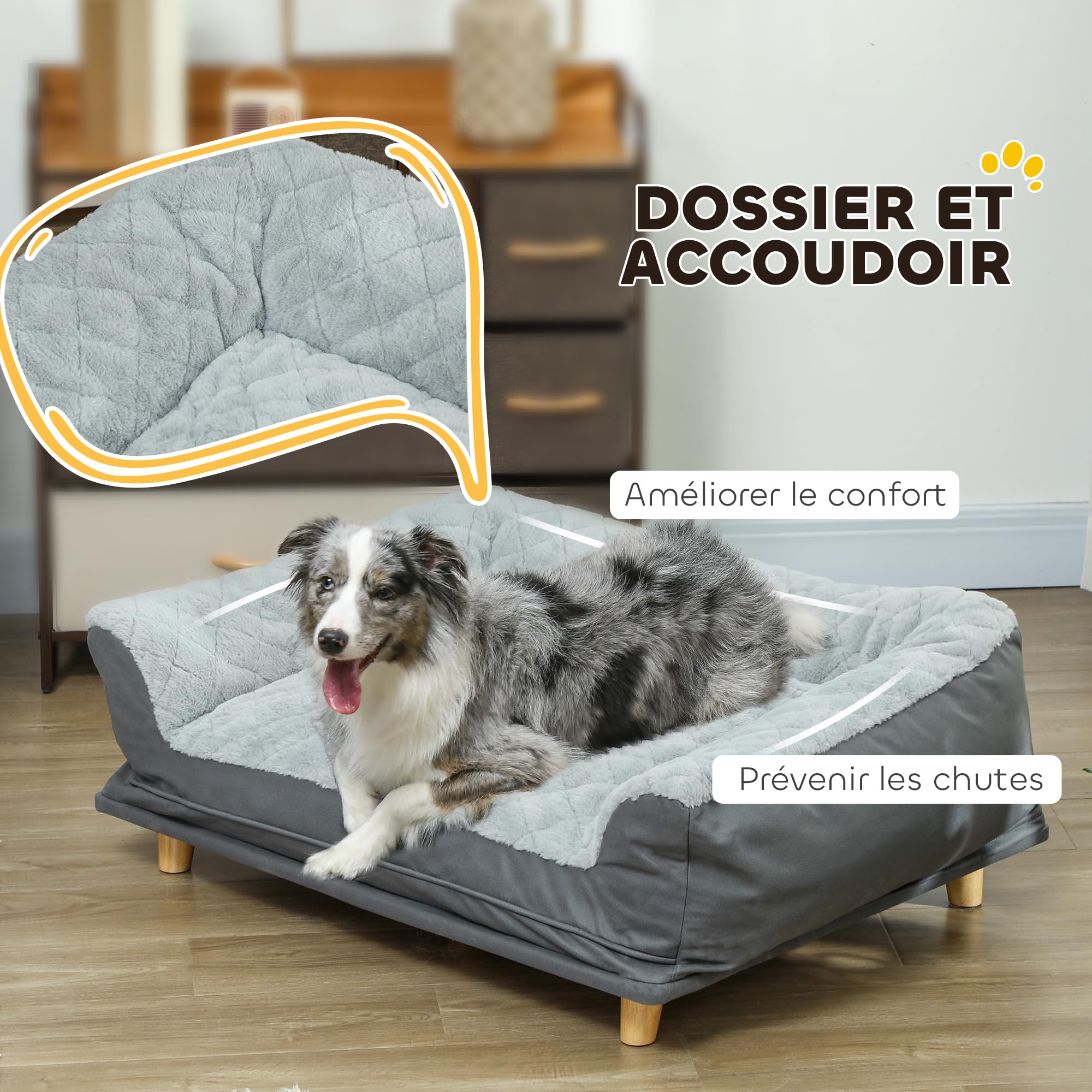 PawHut Canapé pour Chien Fauteuil Chien Housse Amovible Lavable Pieds Bois Pin Patins Antidérapants 100 x 70 x 30 cm Gris