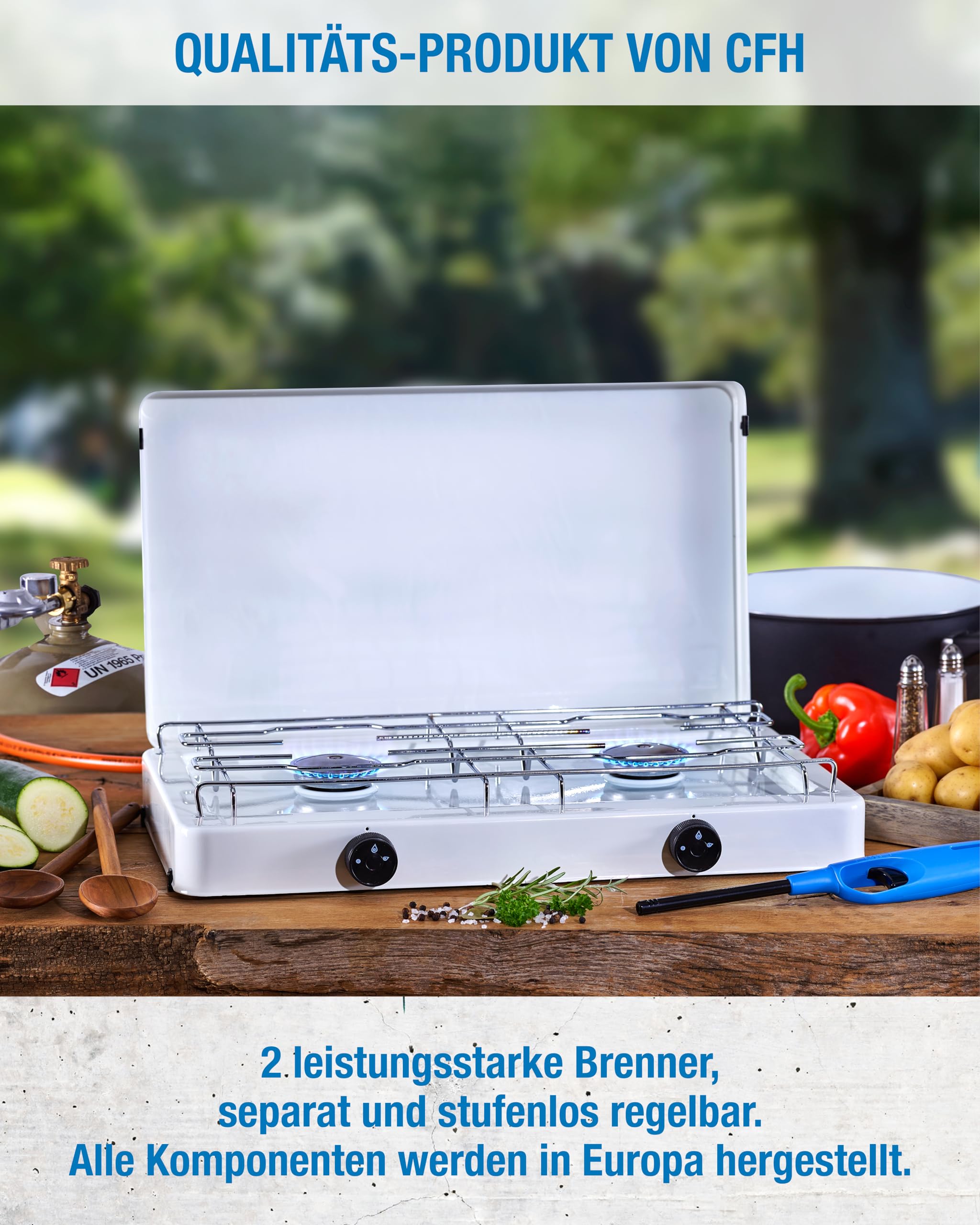 CFH Zweiflammkocher Capri ZK 421 – Camping Gaskocher 2-flammig mit 50 mbar Gasdruckregler & 80 cm Gasschlauch, 3,8 kW Leistung, 277 g/h Verbrauch, abnehmbarer Deckel & verchromter Rost, Made in Europe