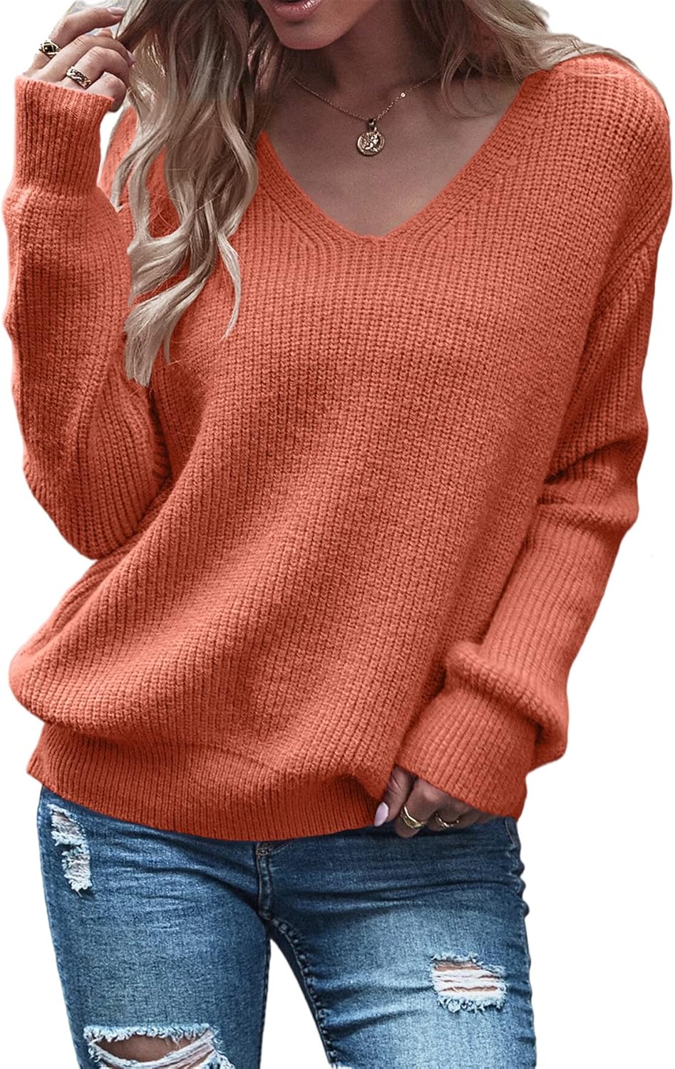 Eurivicy Women's Long Sleeve V Neck Pullover Tops Oversized Chunky Knitted Loose Jumper Sweaters