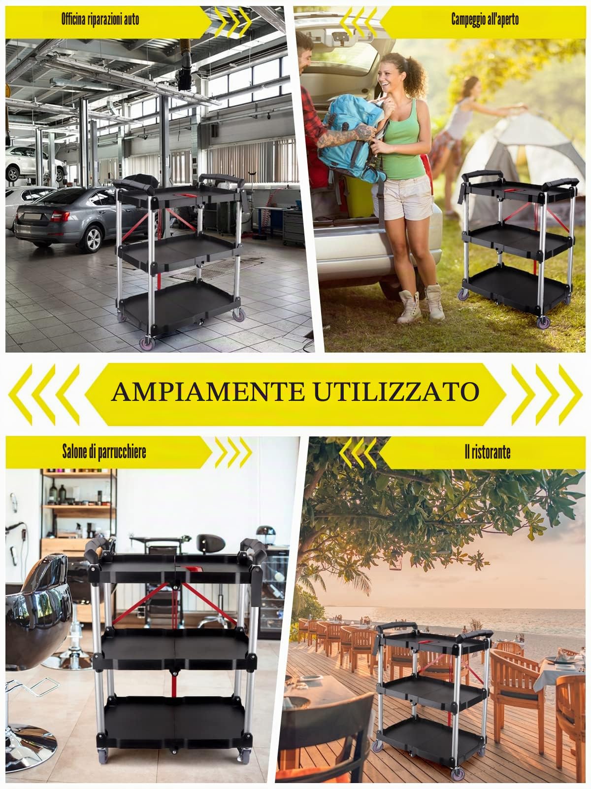 EBANKU Carrello da Portata con Ruote, Carrello Servizio Pieghevole a 3 Ripiani Carrello Cucina Pieghevole Multiuso con Manico Carrello Cucina per Ufficio, Magazzino e Casa