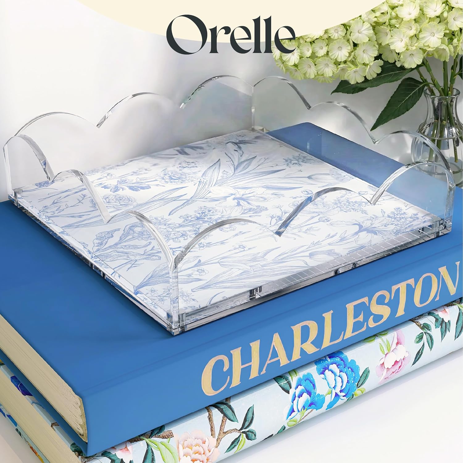 Orelle Scalloped Acrylic Tray with Magnetic Mat – Customizable Photo and Art Display, Jewelry Organizer, Vanity Decor Gift | 8x8” Clear
