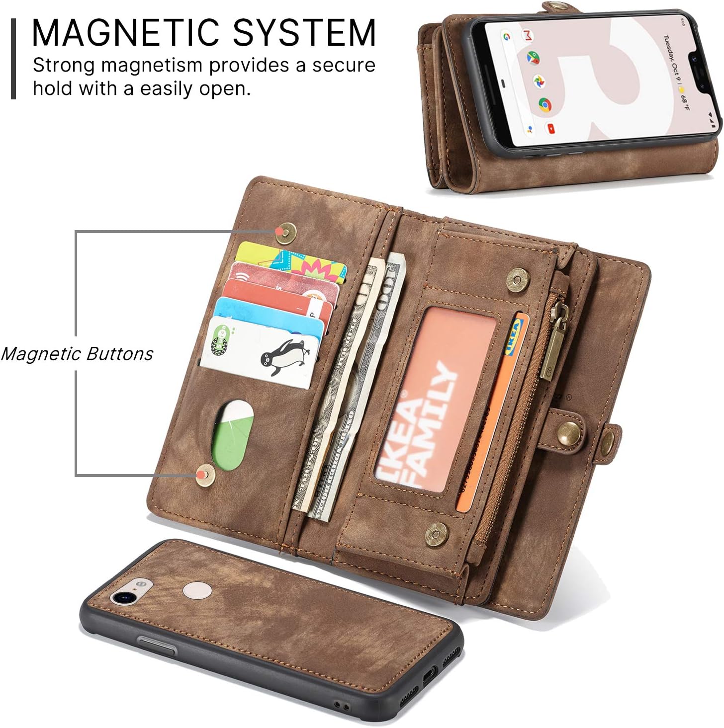 Flash Deals - 40% OFF Google Pixel 3A Leather Wallet Zipper Purse Detachable Card Slots Holder Flip Case Magnetic Wrist Strap Handle Shockproof Cover Pocket Wallet Handbag for Google Pixel 3A (Brown, Pixel 3A) Free Shipping Over $50 Google Pixel 3A Leather Wallet Zipper Purse Detachable Card Slots Holder Flip Case Magnetic Wrist Strap Handle Shockproof Cover Pocket Wallet Handbag for Google Pixel 3A (Brown, Pixel 3A)