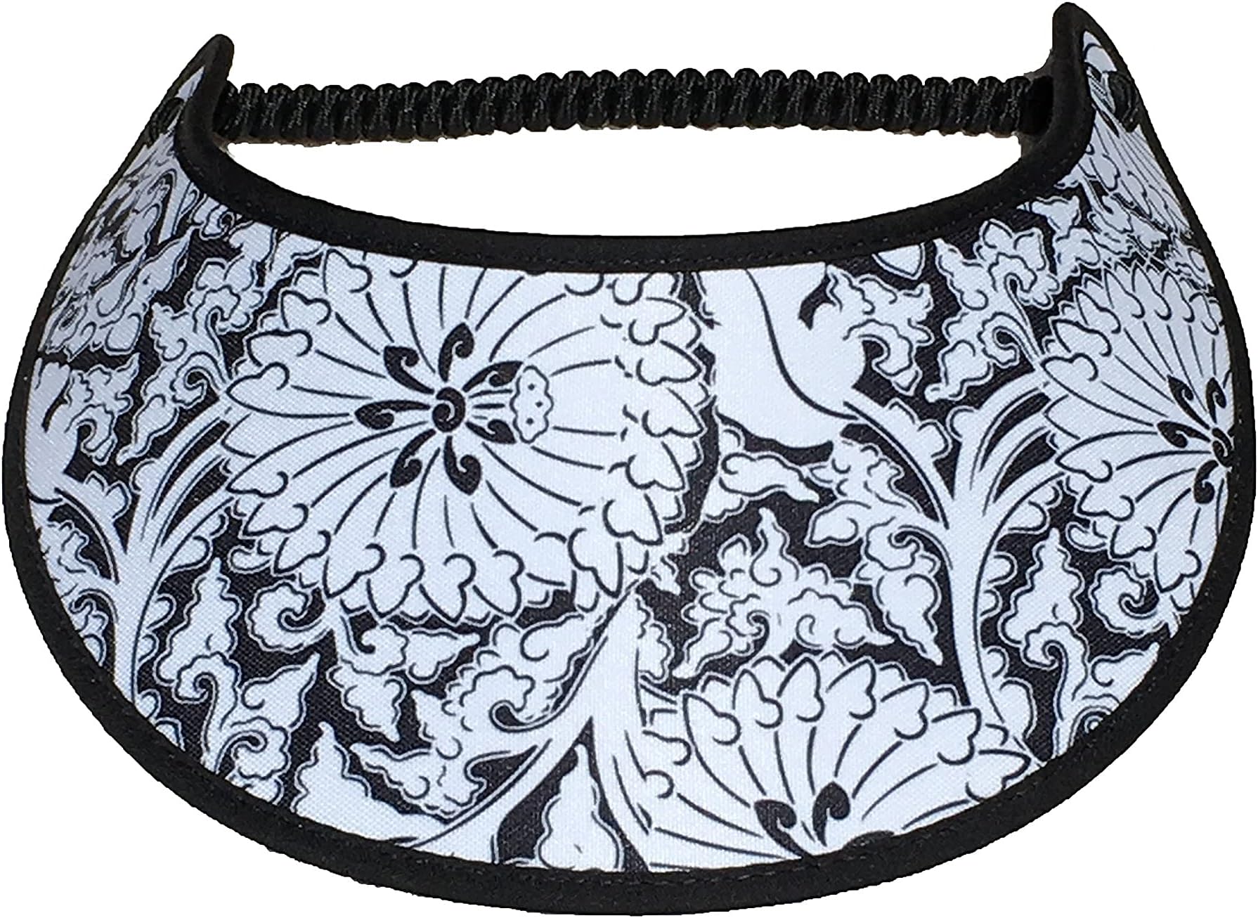 Pickleball - Fashion Fabric Foam Sun Visor for Women - The Sporty Look - Adjustable to Any Size Head - No Pressure & No Headache! | White Flowers with Leaves on Black w/Trim Design