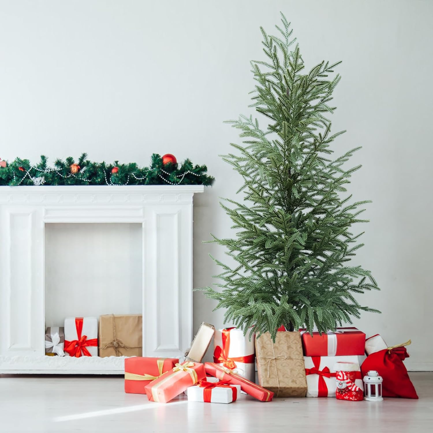 Artificial Norfolk Pine Trees 2 Pack, 3FT Fake Potted Tree with Decorative Burlap Base & Real Touch Leaves, UV Protected Indoor Outdoor Plant for Home Office Garden Decor