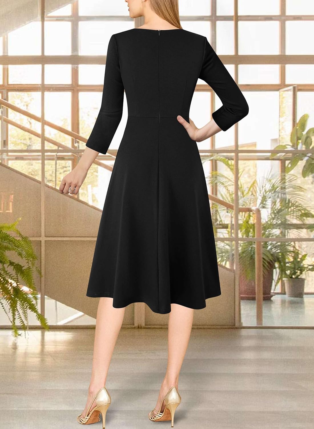 VFSHOW Womens Front Zipper Office Business Work Church Professional Front Zipper Knee Length A Line Fit and Flare Dress - Image 2