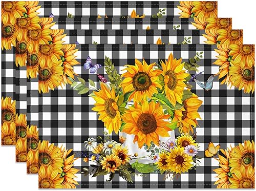 Juego de 4 manteles individuales de girasol a cuadros, color amarillo, floral, rústico, vintage, resistentes al calor, posavasos de lino lavables