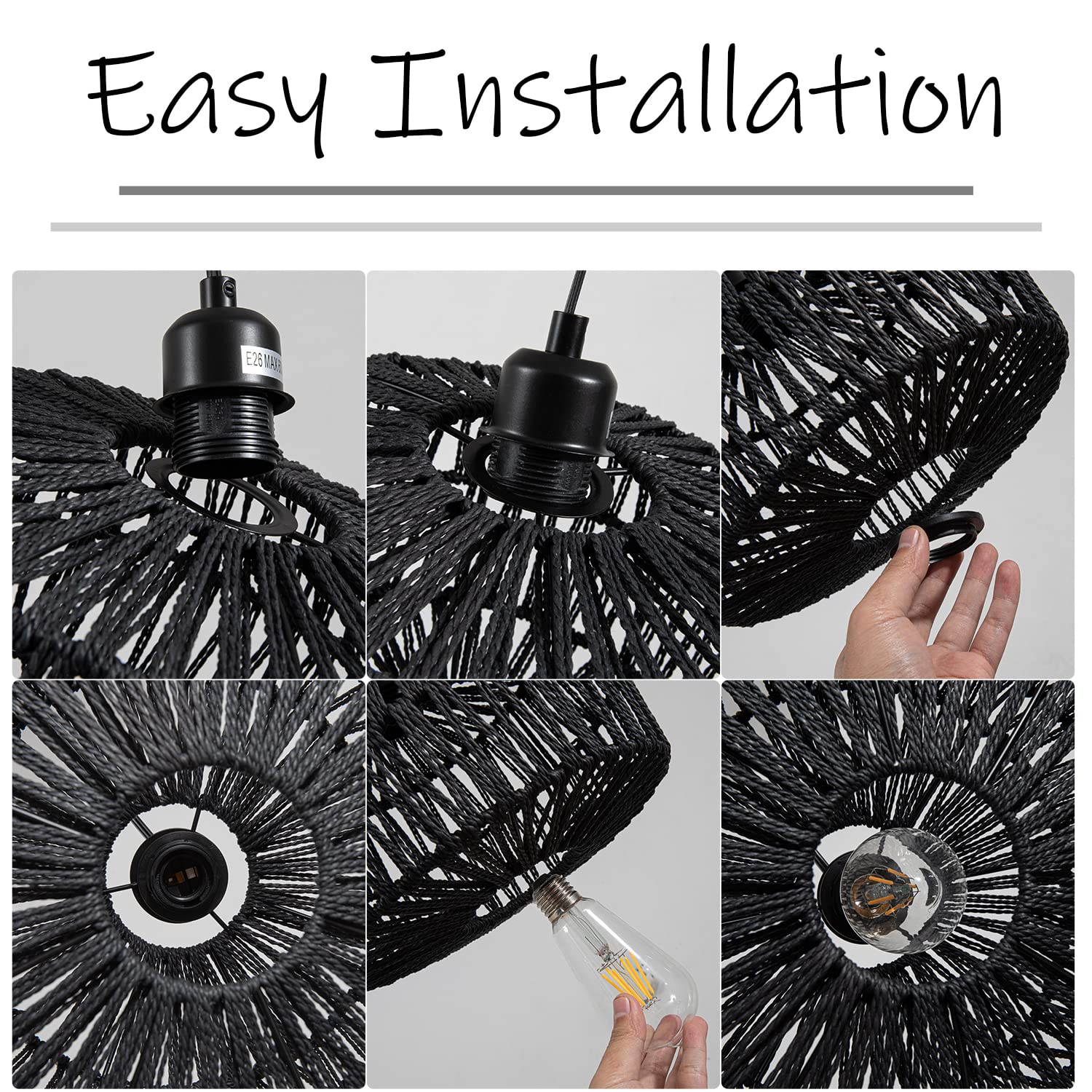 YongMing CL 11.42 Black Woven Plug in Pendant Light Fixture, Rustic Round Ceiling Hanging Light with Plug in Cord & On/Off Switch for Entry Bedroom Kitchen Island Living Dining Room Foyer