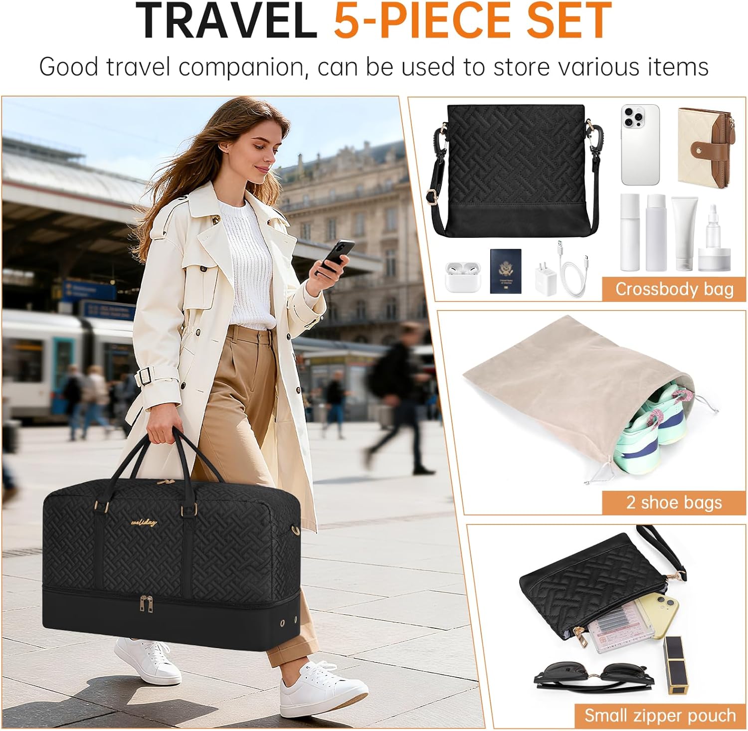 Weekender Bag for Women, 5 Pcs Set Carry on Overnight Bag, 21" Travel Duffel Bag with Waterproof Shoe Compartment for Weekend Travel Business Trip
