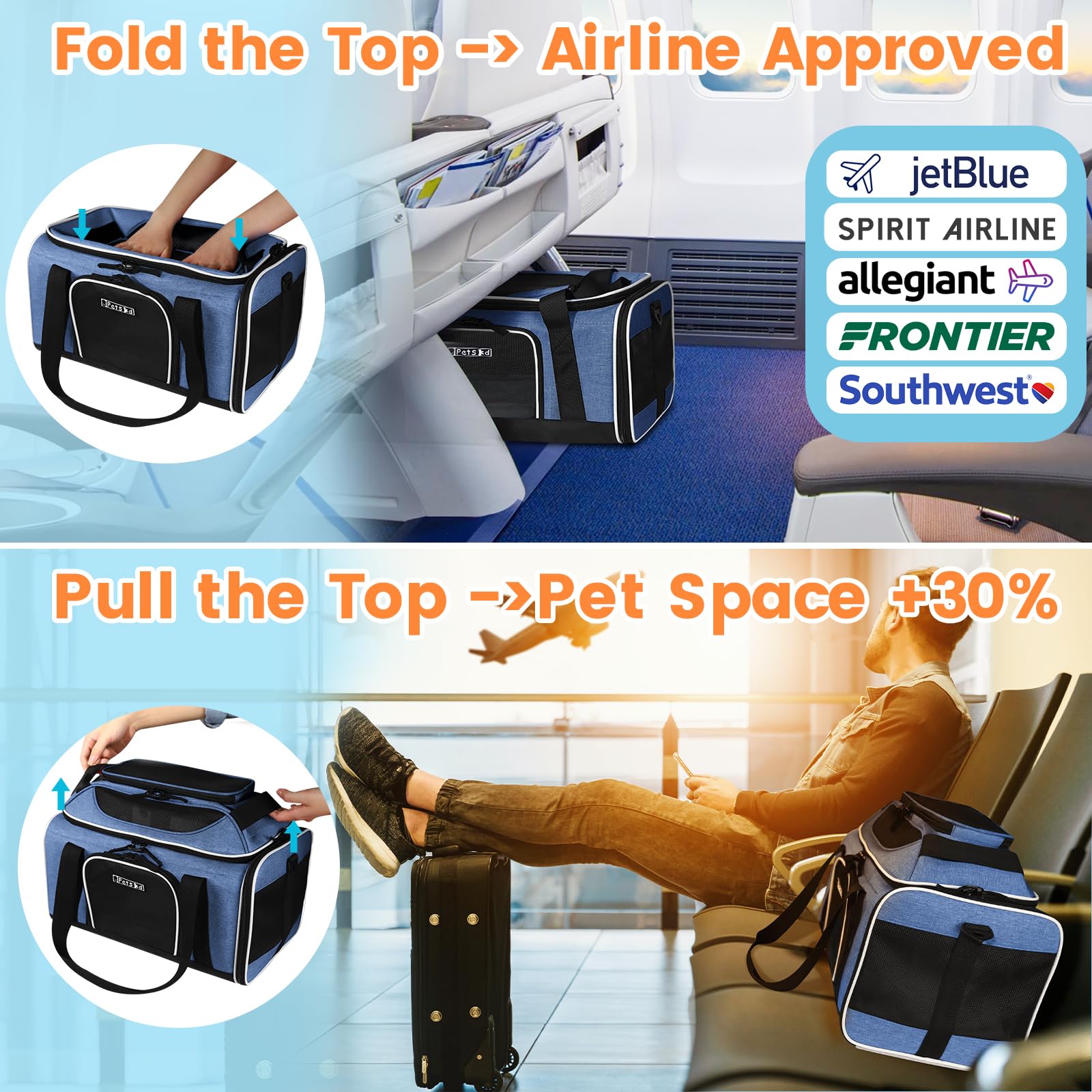 Petskd Transportín expandible de 41,18 x 30,48 x 21,59 cm, aprobado por las aerolíneas JetBlue, Frontier y Spirit, blando, para perros y gatos pequeños, con cremalleras de seguridad y malla