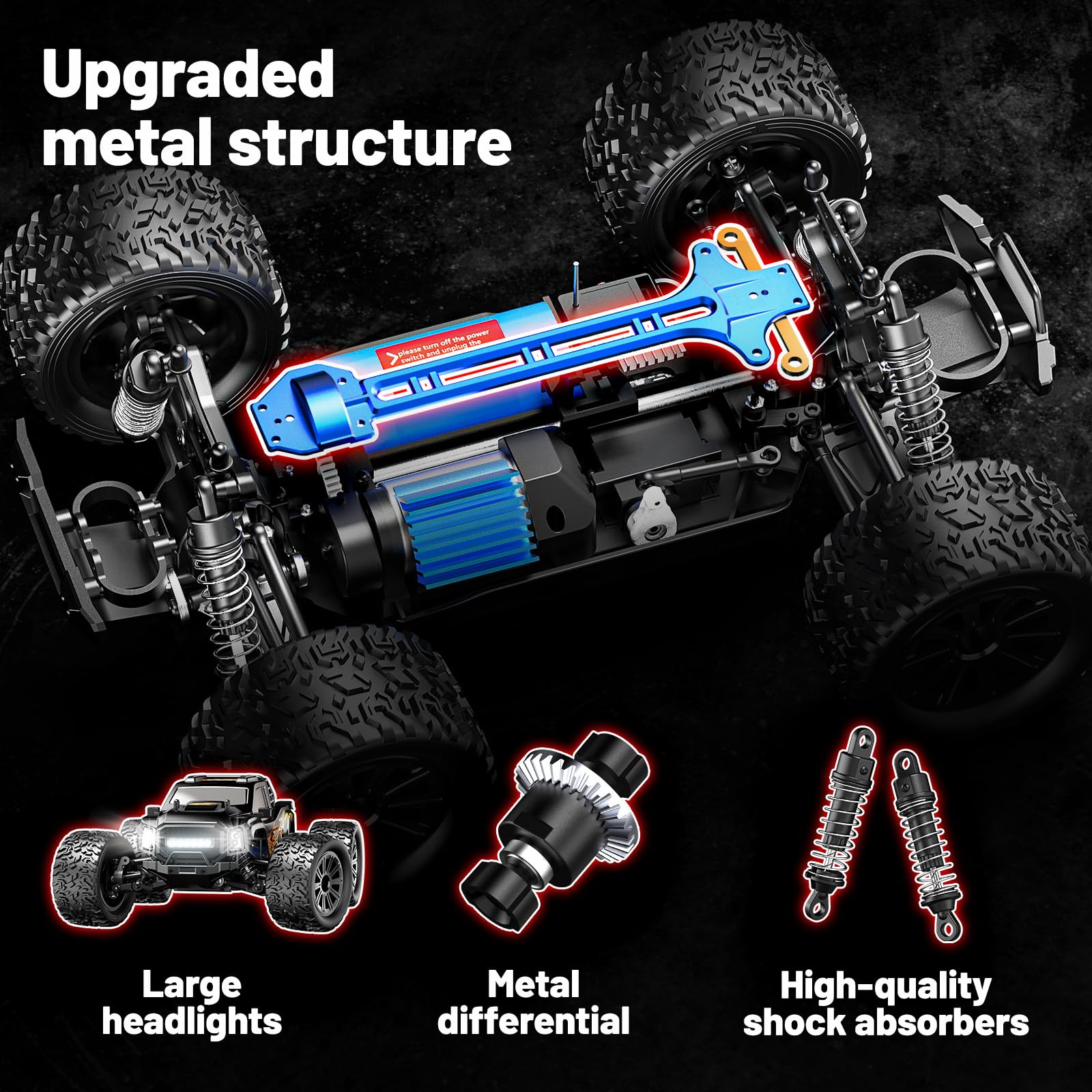 Ferngesteuertes Auto Erwachsene 1:16 RC Auto 4WD Offroad, 36 km/h High Speed RC Car All-Terrain Monstertruck Ferngesteuerter geländewagen mit 2.4GHz Fernsteuerung, Doppelter 7.4V 1500mAh Akku