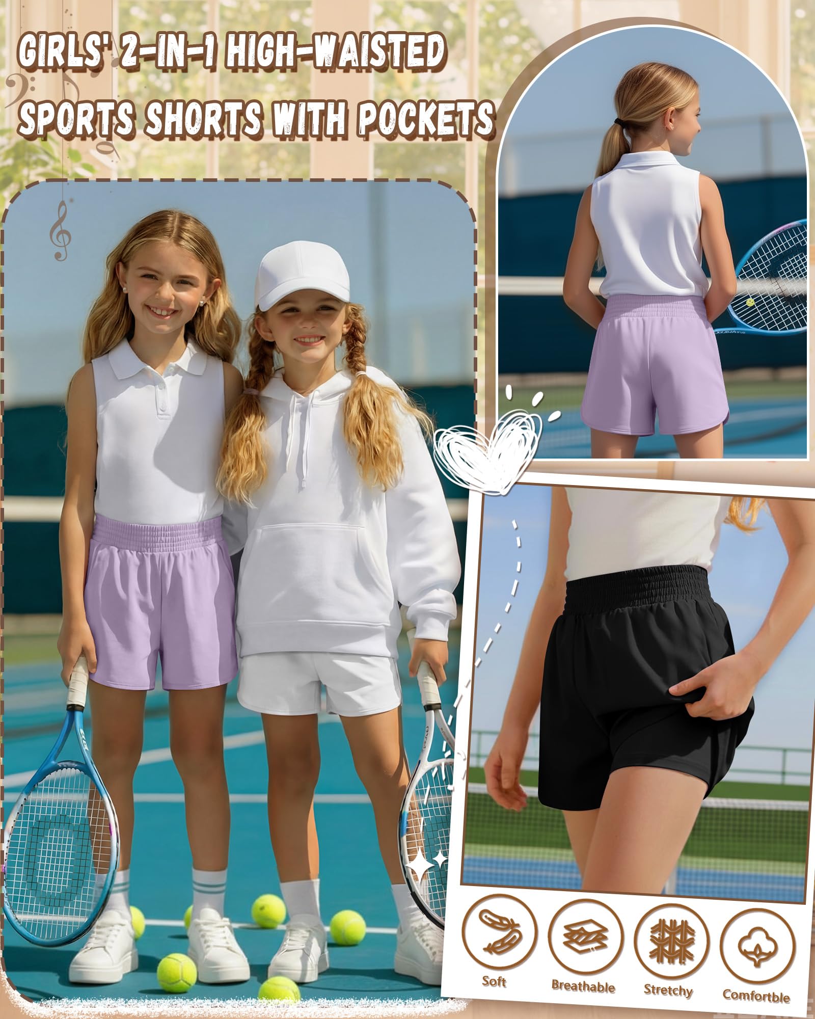 Clabby Confezione da 3 Pantaloncini Sportivi da Bambina con Fodera Interna, Ad Asciugatura Rapida e con Tasche
