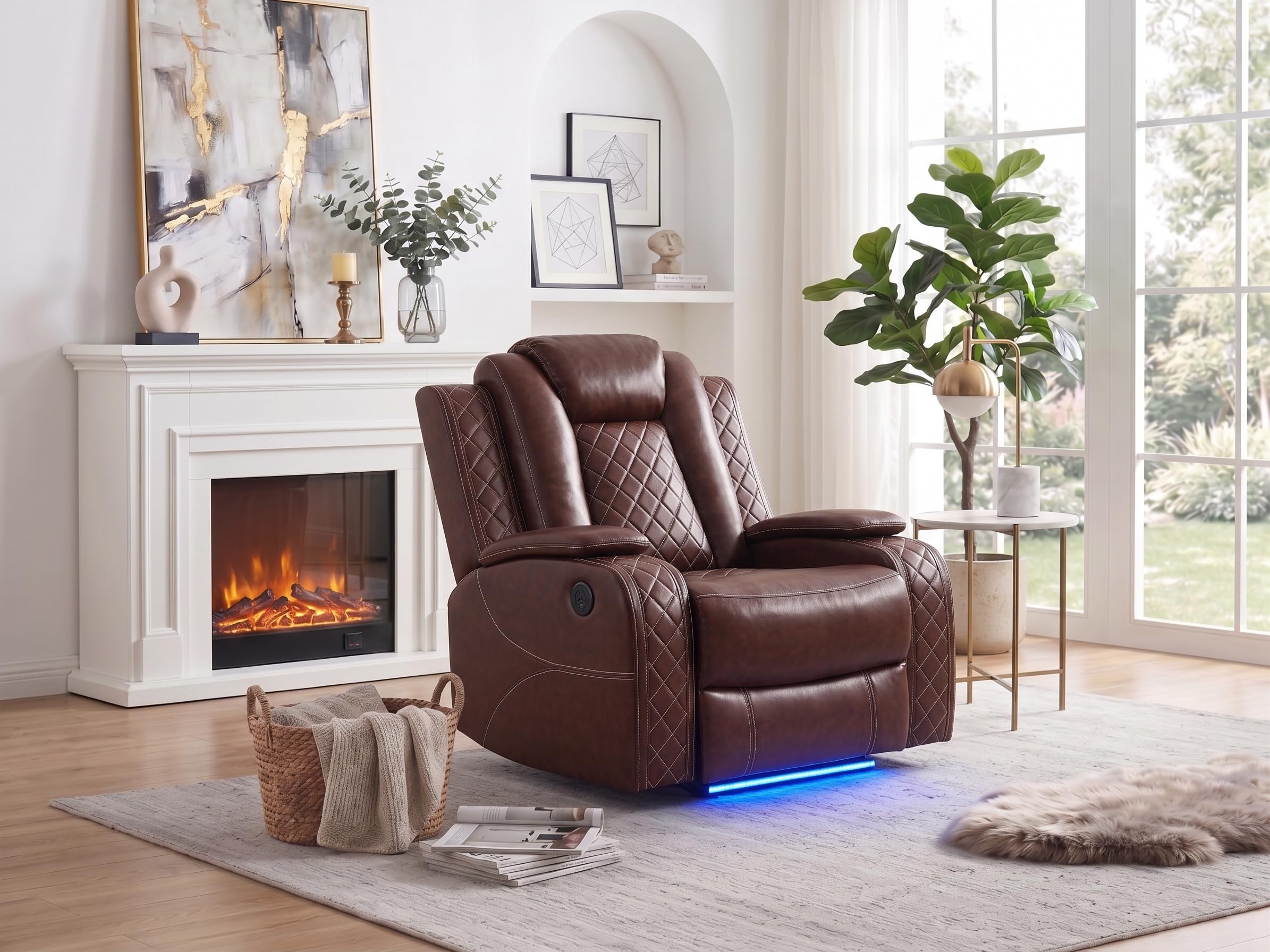 Power Recliner Chair with LED Lights, Leather Power Recliner 1 Seat, Living Room Reclinin…