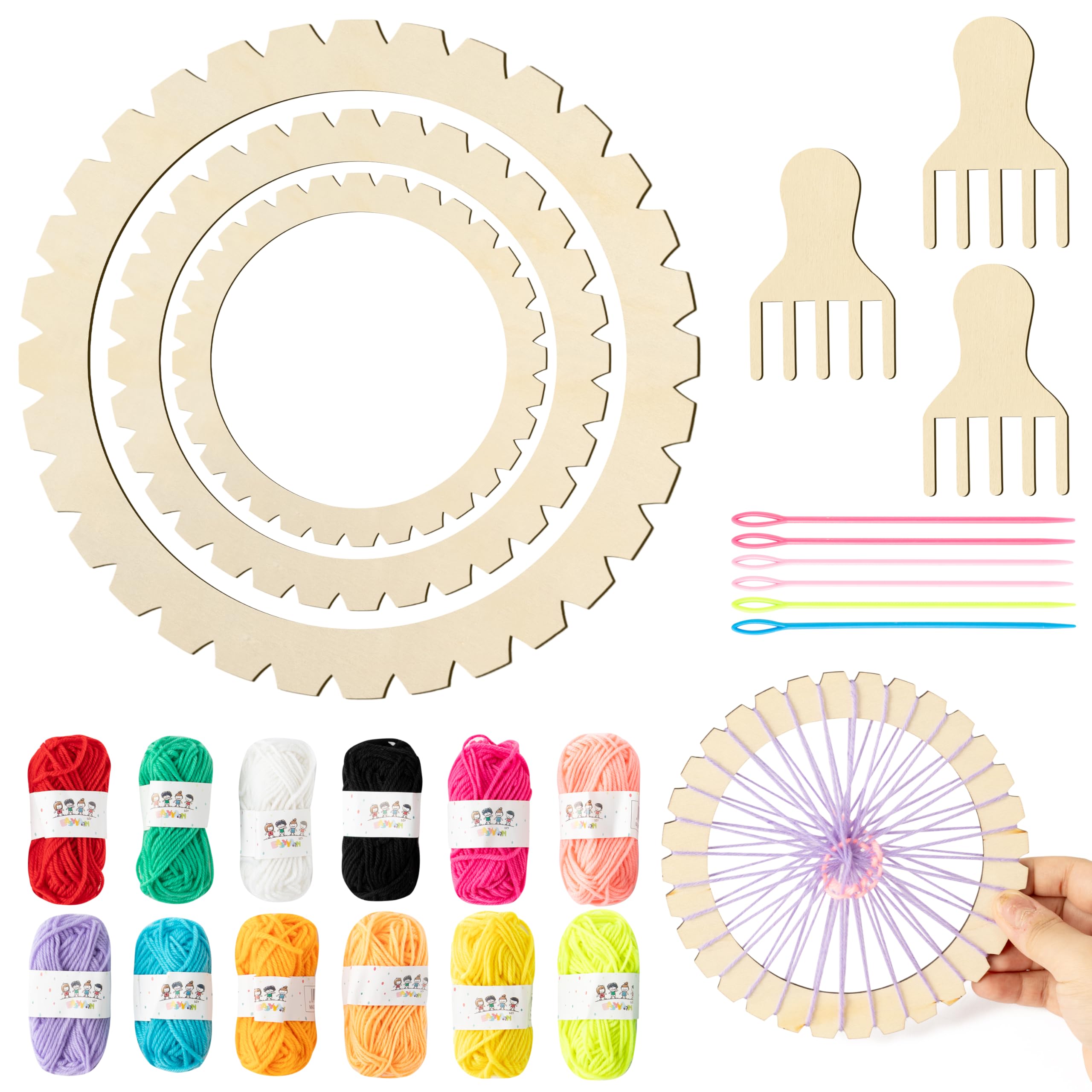 3-Size Round Wooden Weaving Loom Kit, 18Pcs Complete Set with 12 Yarns 3 Wooden Combs DIY Coaster Tapestry Knitted Art Crafts Making for Adult Beginner Children Educational Creative Gift Hanging Decor
