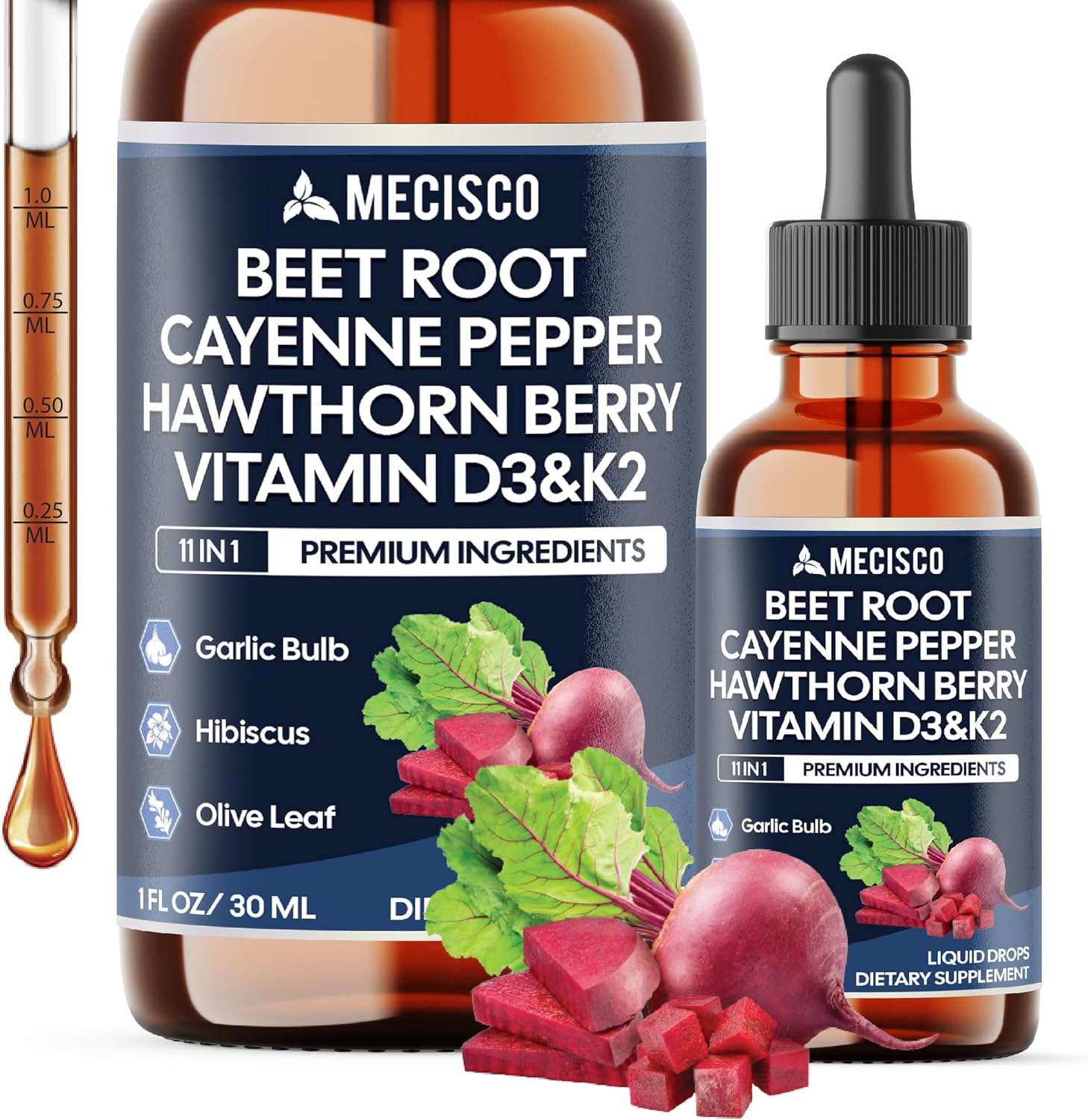 11in1 Beet Root Liquid Drops - Support Overall Wellness - with Vitamin D3, Vitamin K2, Hawthorn Berry, Cayenne Pepper, Garlic, Hibiscus, Olive, Red Spinach, Green Tea - 1 FL Oz - 60 Day Supply