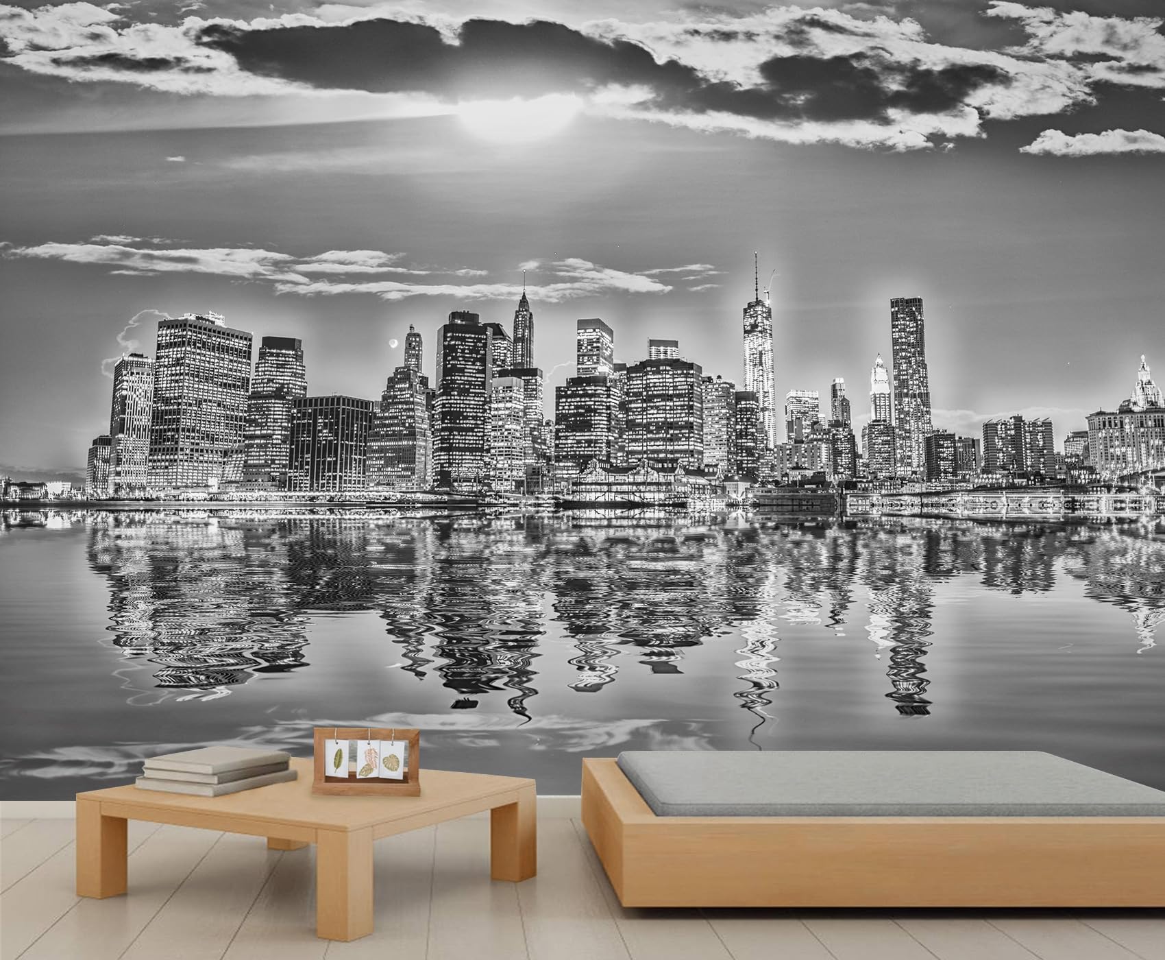 New York City Murals Water Reflection City Landscape Wallpaper Black and White High-Rise Building Mural 3D Wall Stickers for Bedroom Kitchen Children's Room 150 x 100 cm