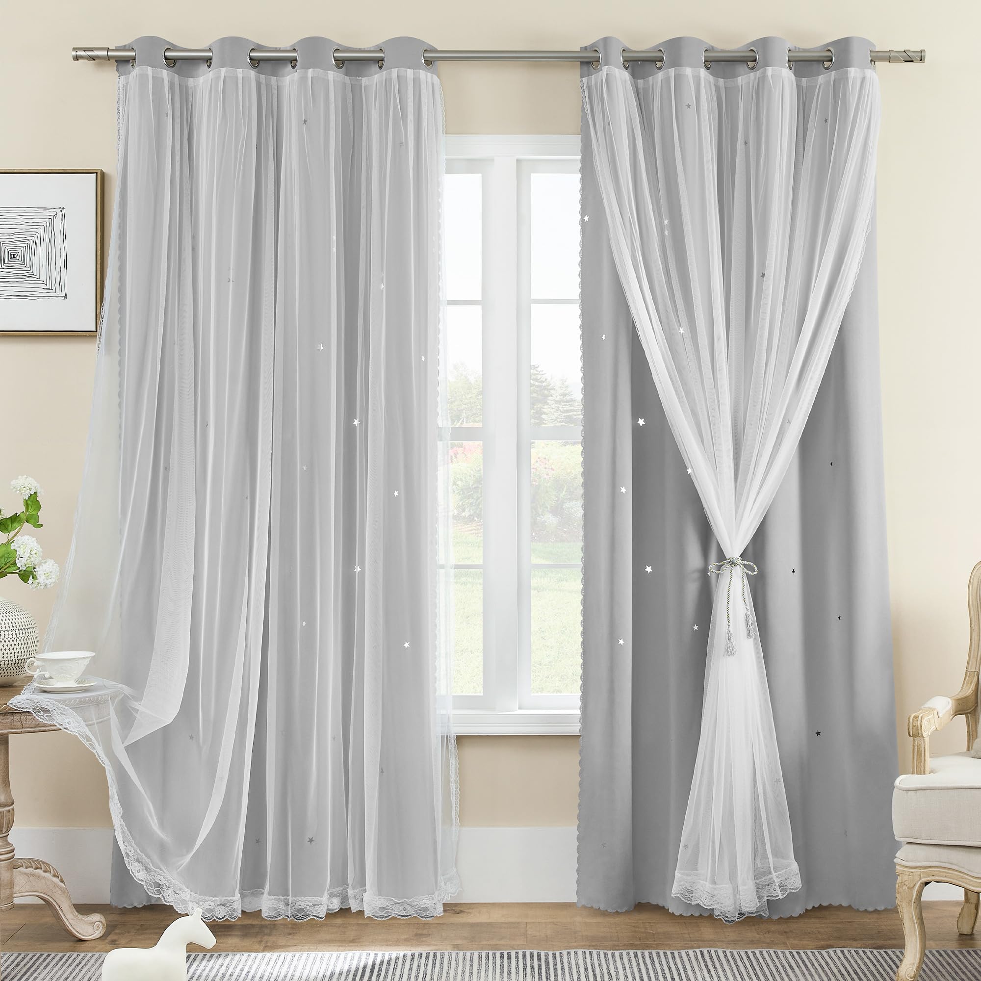 XiDi Grey Blackout Curtains 2 Panels for Bedroom Girls Kids Baby Boys Window Curtain Double Layer Star Cut Out Aesthetic Living Room Decor Wall Home Decorations Curtain, Light Grey W34 x L72 Inches