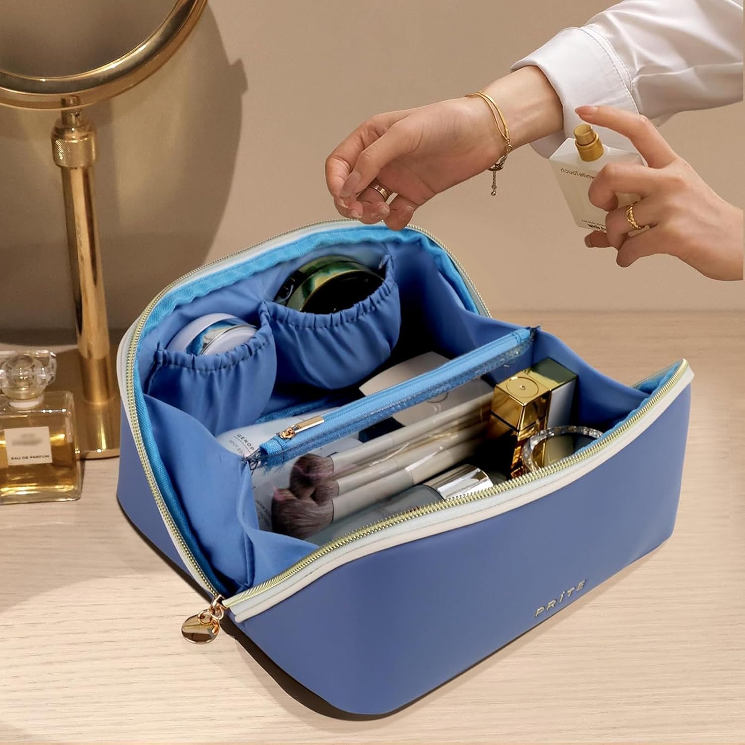 Prite Makeup Bag for Women Travel Waterproof Vegan Leather Cosmetic Bag Open Flat Toiletry Bag With Clear Divider and Handle (Blue) - Image 7