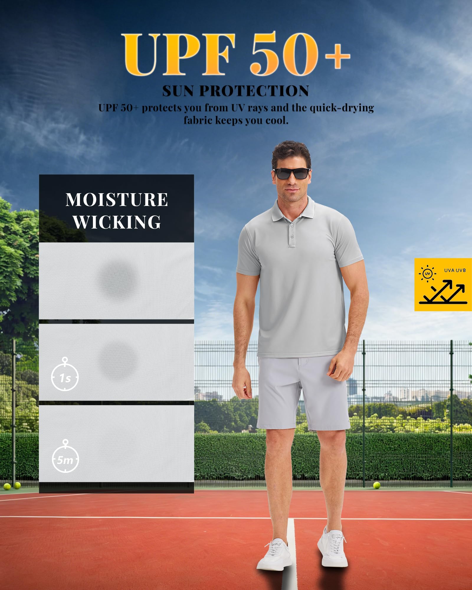 33,000ft Polo da uomo da golf UPF50+, protezione solare estiva, a maniche corte, ad asciugatura rapida, per sport all'aria aperta, in tinta unita, per uomini per golf, tennis