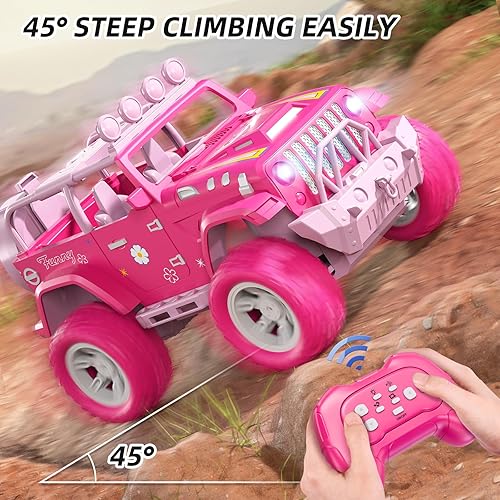 Miniatura 7 de Auto de control remoto rosa para niñas 4-7, 2.4GHz Off-Road RC Jeep con aerosol, juguete de escalada para niñas de 3-4, 5-6, 7-8, 9-10, vehículo de