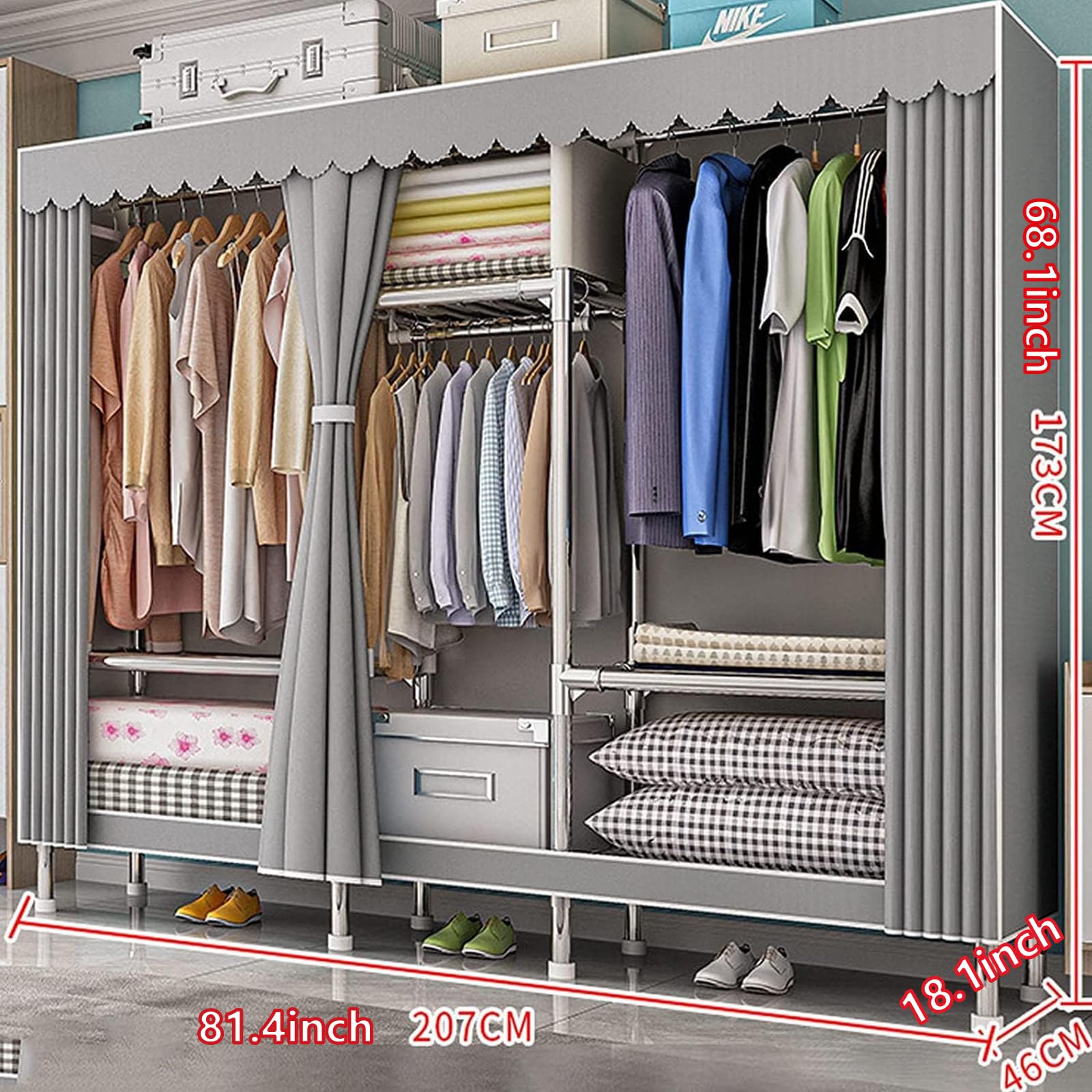 Armadio In Stoffa, Armadio Richiudibile Cabina Salvaspazio Guardaroba Non Tessuto Appendiabiti In Tessuto 207x46x173cm (Grigio)