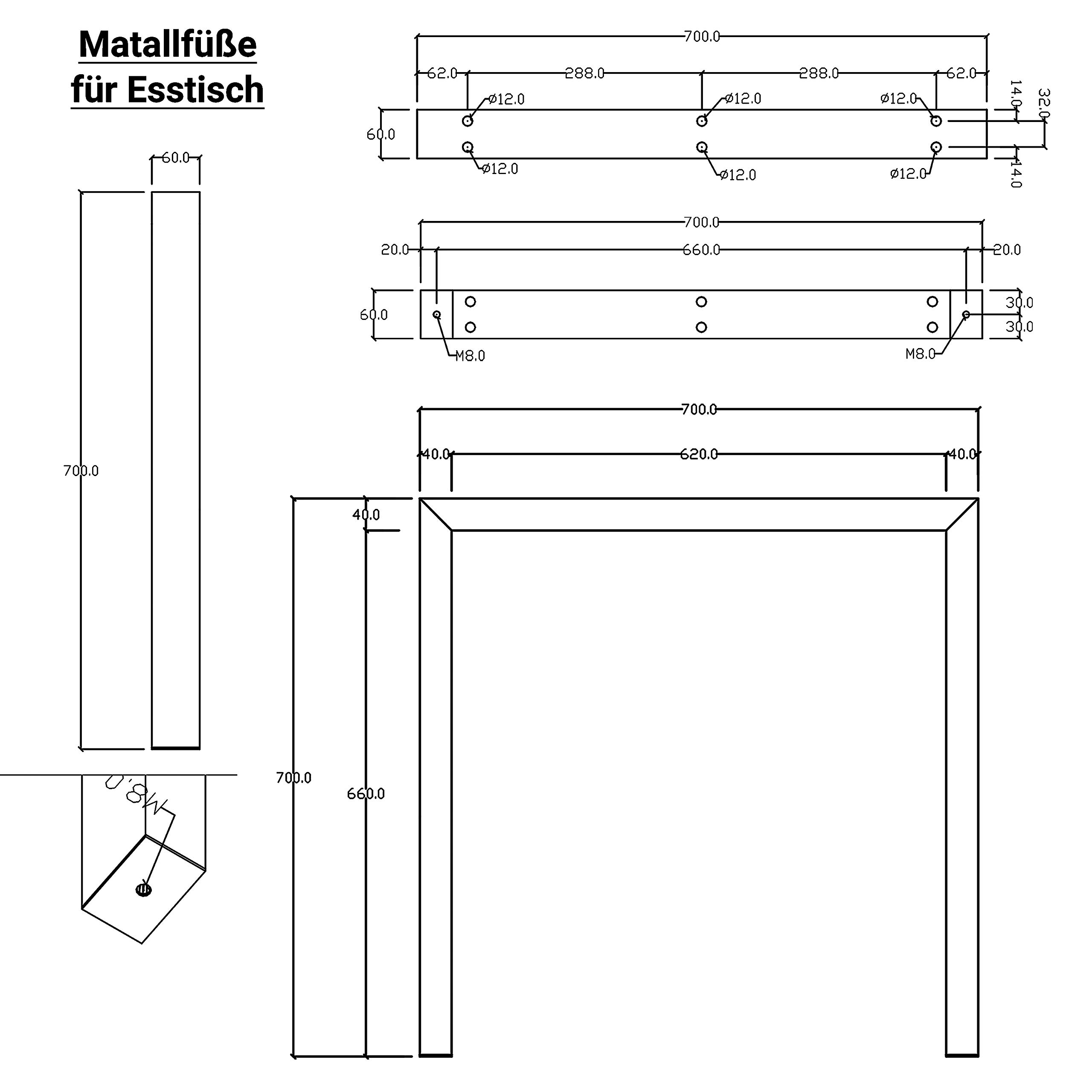 Staboos Tischgestell Metall für Esstisch 2X (70x70 cm) U Gestell - Metall Stärke 2 mm - Büro Tisch - matt schwarz