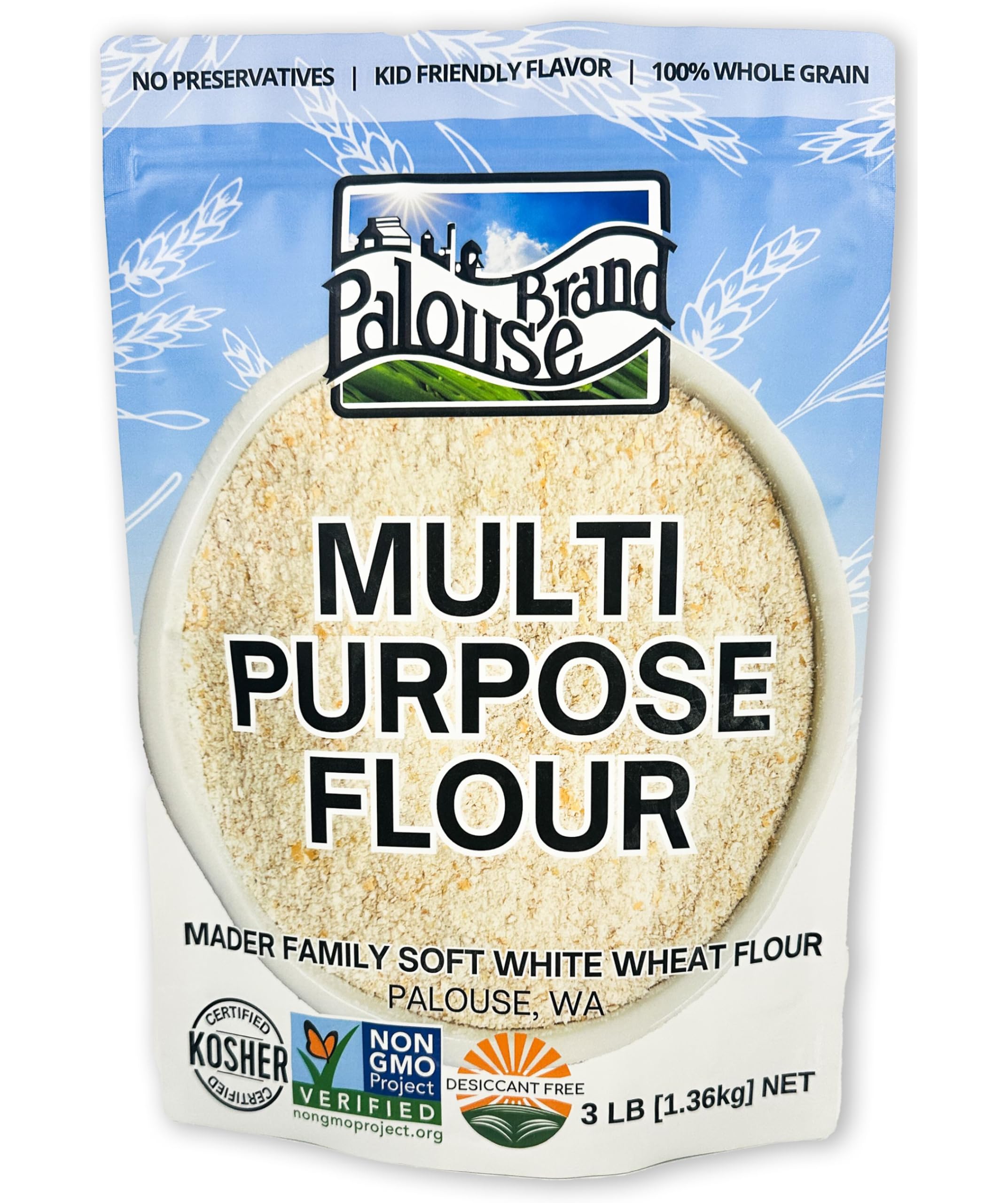 Certified Glyphosate Residue Free All Purpose Flour | 3 LBS | Whole Grain | Stone Ground | Non-GMO | 100% Non-Irradiated | Kosher | USA Grown | Field Traced | Resealable Bag