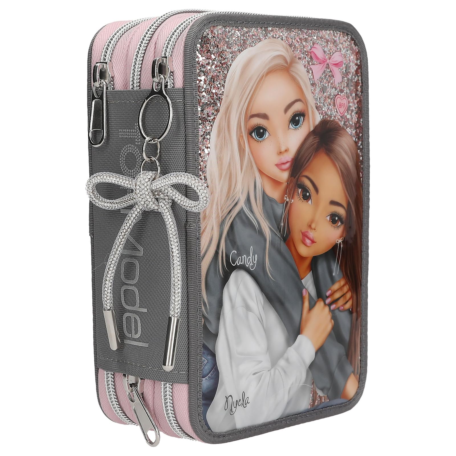 Depesche 13315 TOPModel My BFF - Estuche de 3 Compartimentos en Gris y Rosa, con Motivo de Modelo y Purpurina, Estuche con lápices de Colores, Tijeras, Regla y Mucho más.
