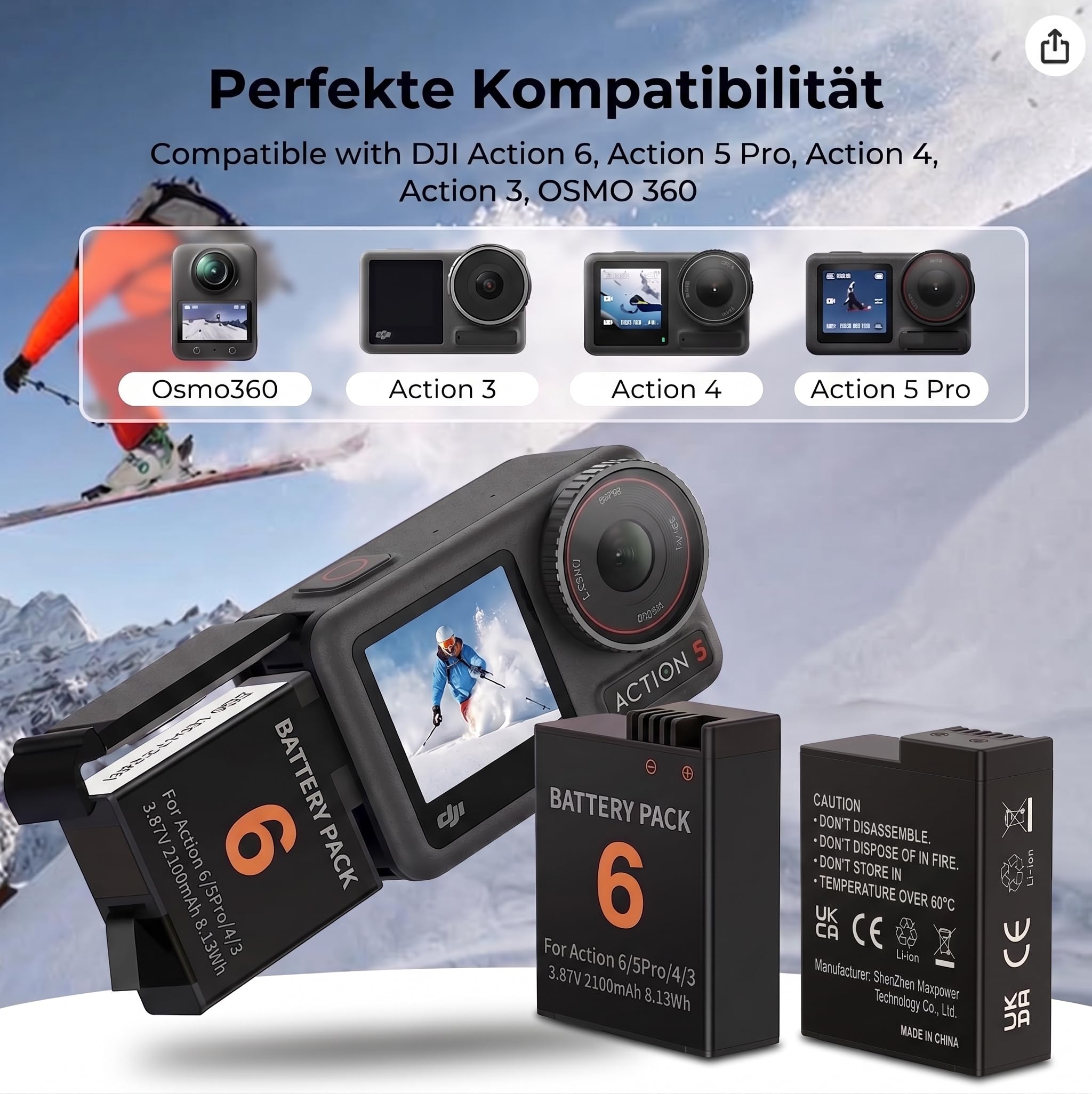 Confezione da 3 batterie di ricambio per fotocamera DJI Osmo 360/Action 6/Action 5/Action 5 Pro/Action 4/Action 3