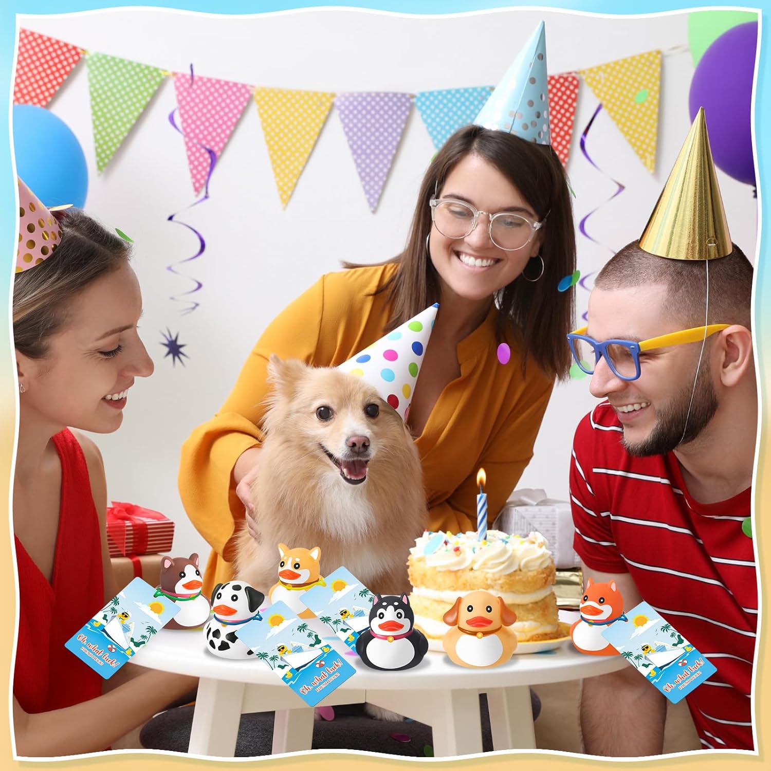 48 Sets Dog Rubber Duckies, Mini Cruise Duck Tag Kit Includes 48 Small Dog Ducks 48 Cruising Tag Cards 48 Rubber Bands Floating Duck Pool Bath Toys for Carnival Rewards Party Favor