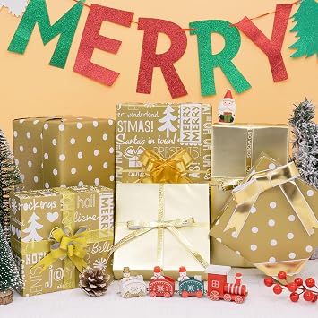 Toptime Christmas Wrapping Paper, 3 Mini Rolls White Gold Gift Wrapping Paper 17In x 120In, Metallic Solid Gold Wrapping Paper with Polka Dots Merry Christmas Design for New Year Holiday Birthday