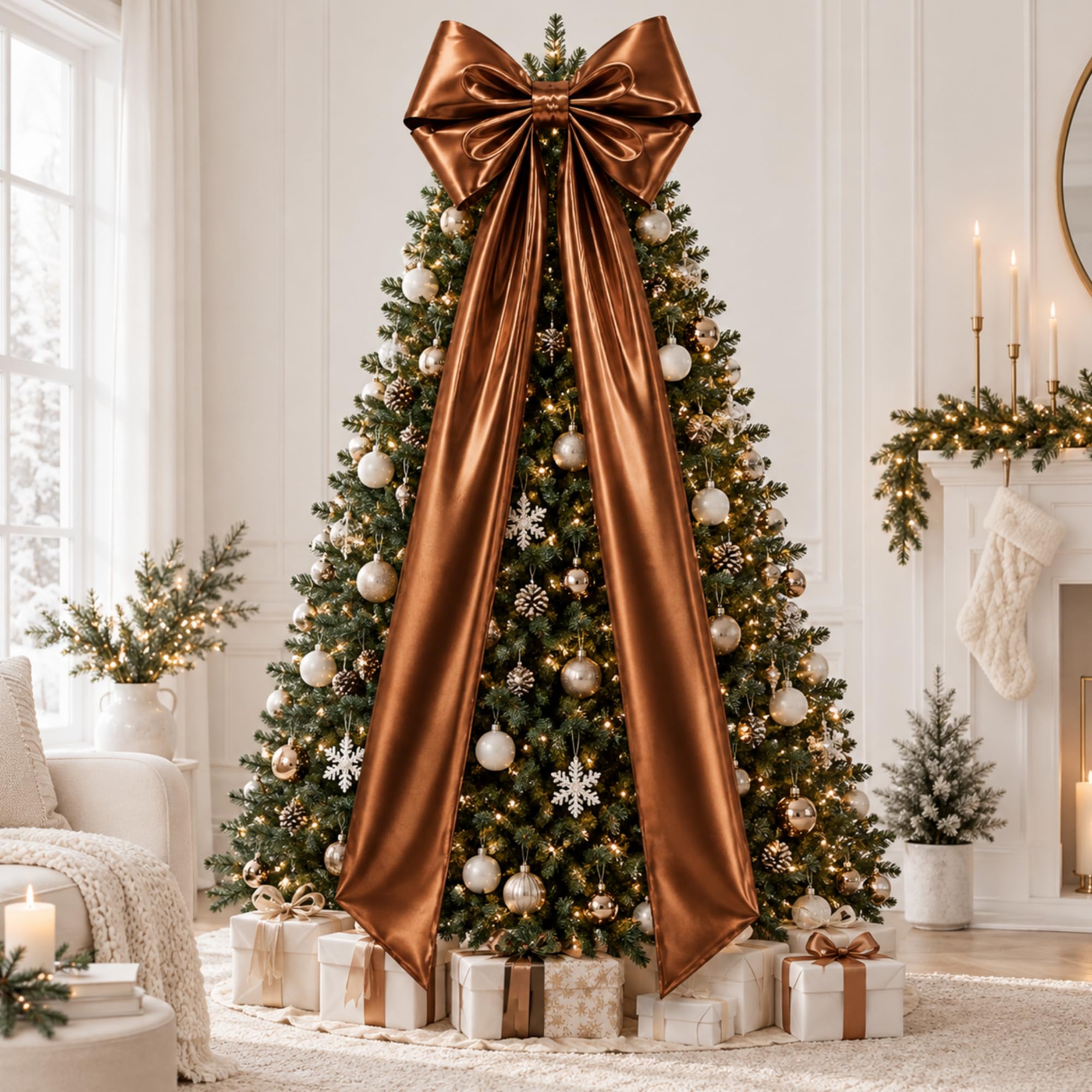 XunYee Large Metallic Foil Christmas Tree Bows, 19.7 x 71 Inch, Brown