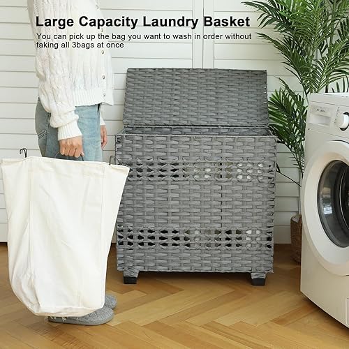 Miniatura 6 de OIAHOMY Cesta de lavandería con tapa, cesta de ropa de 140 litros con 3 bolsas extraíbles con forro, cesta plegable con tapa, cesta de mimbre