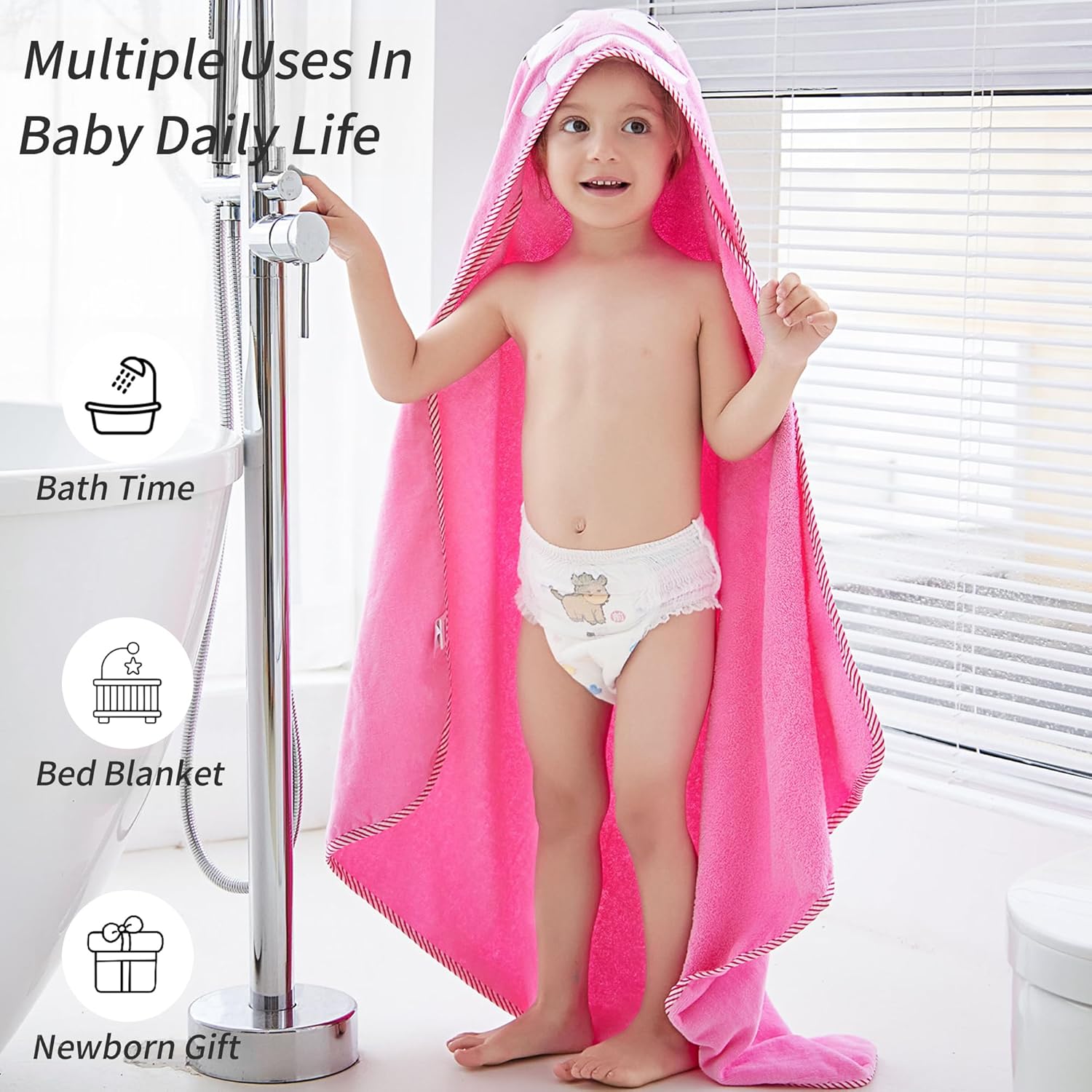 HAHASHOW Baby 3D Animal Hooded Bath Towel, 100% Cotton Ultra Soft Thick Bathrobe Shower Gift for Newborn Boy Girl Large Size 35 X 35 Inch Powder Monster