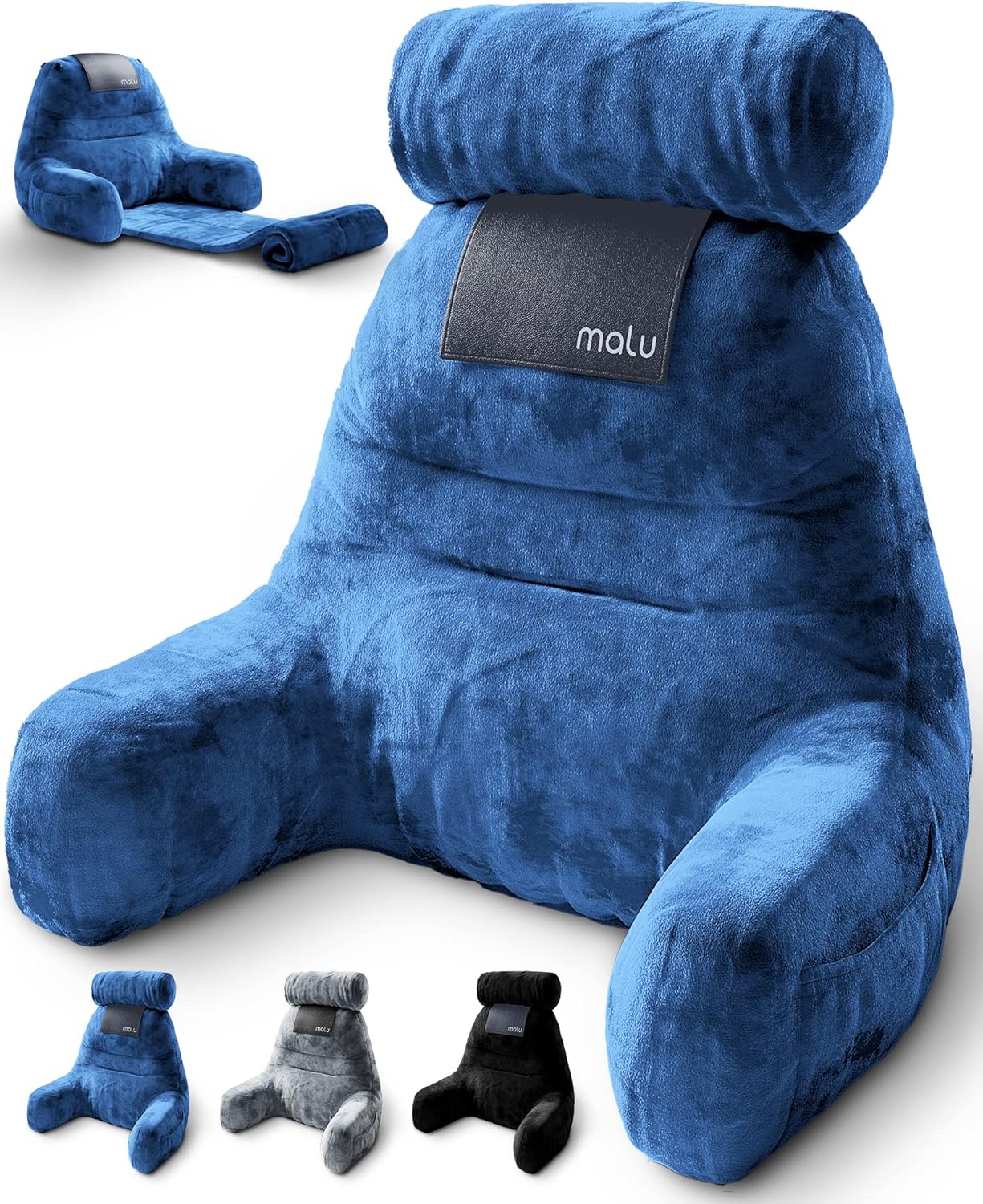 malu Extra Large Reading Pillow- Ergonomic Pillow- Back Pillow for Bed+ Rolling Mat for Neck Support- with Shredded Memory Foam- for Sitting Up in Bed, Couch or Floor Extra Large Blue
