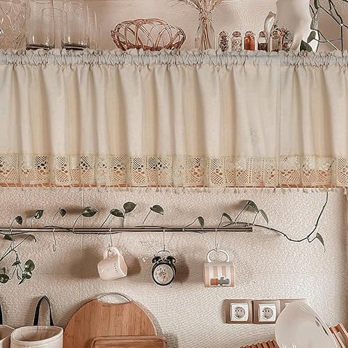 Miniatura 7 de Molaxhome Cenefas de lino para ventanas, cenefas de cocina con borlas bohemias para ventanas, cortinas rústicas para baño, dormitorio, decoración