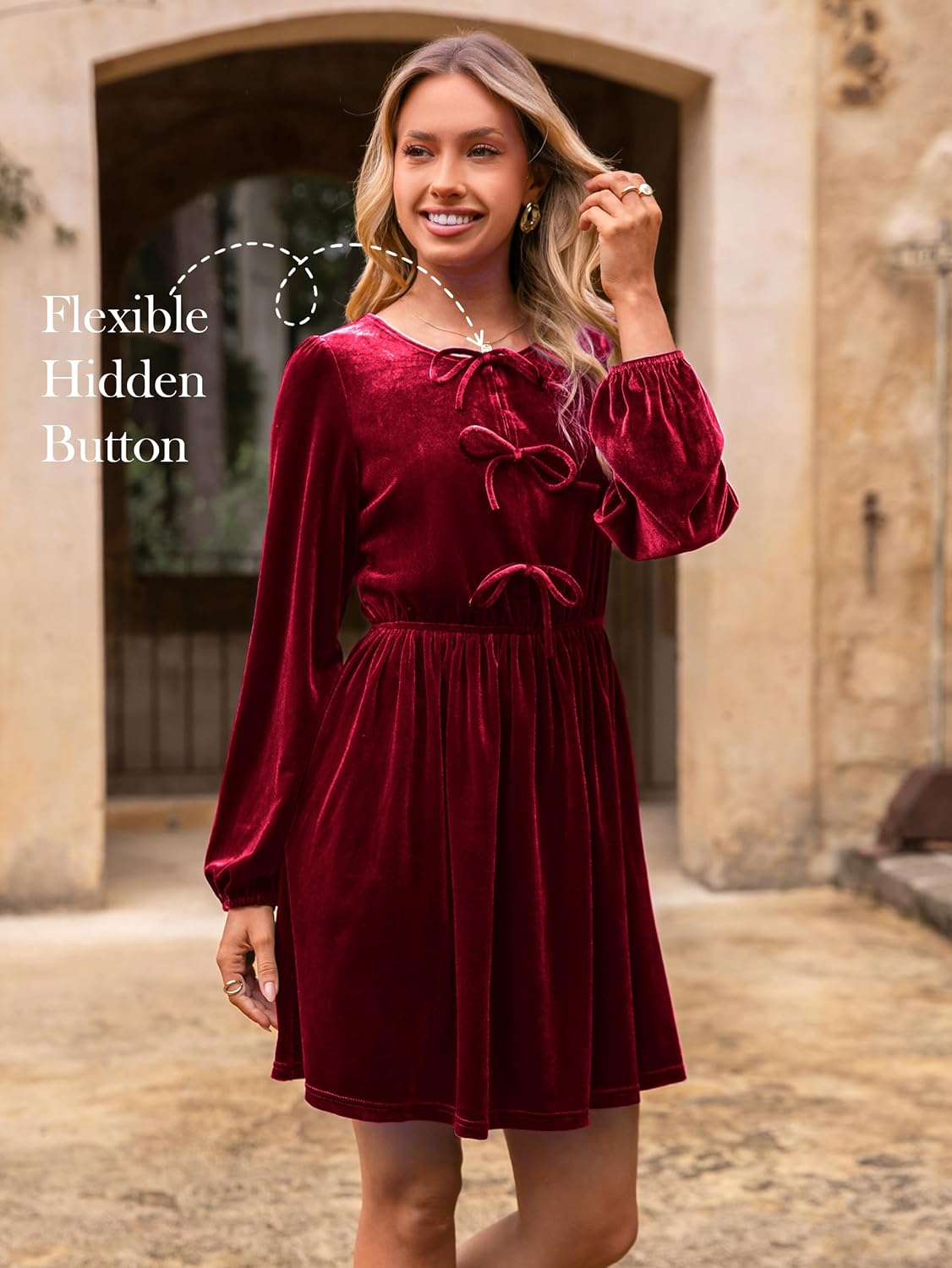 Simplee Womens Fall Velvet Dress Long Sleeve Bow Tie Front Babydoll A Line Cocktail Party Christmas Holiday Dresses - Image 4