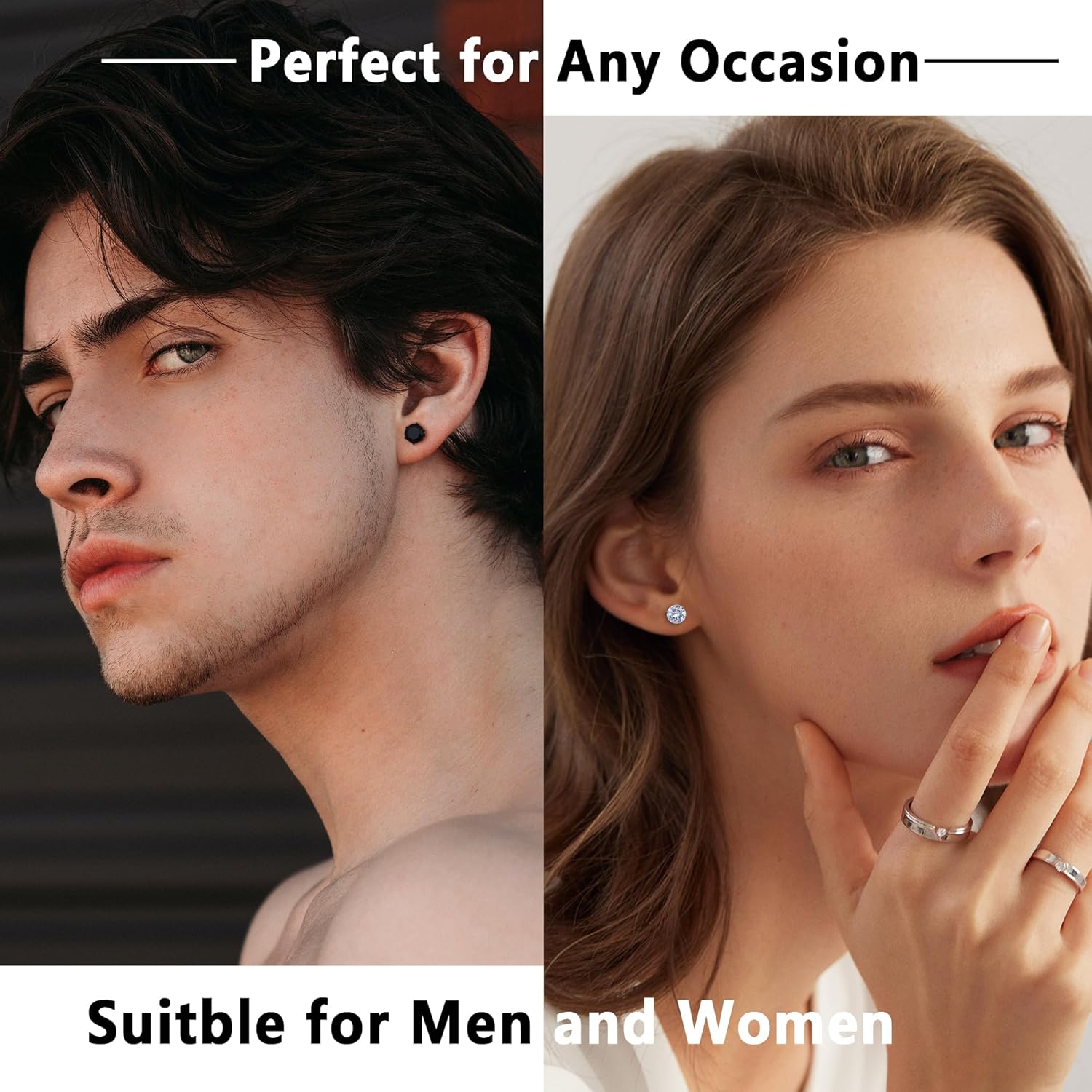 JOERICA 4 Pairs Stainless Steel Stud Earrings for Men Women Silver Black Square Earrings Set Mens Earrings Inlaid Cubic Zirconia 6-10MM - Image 3