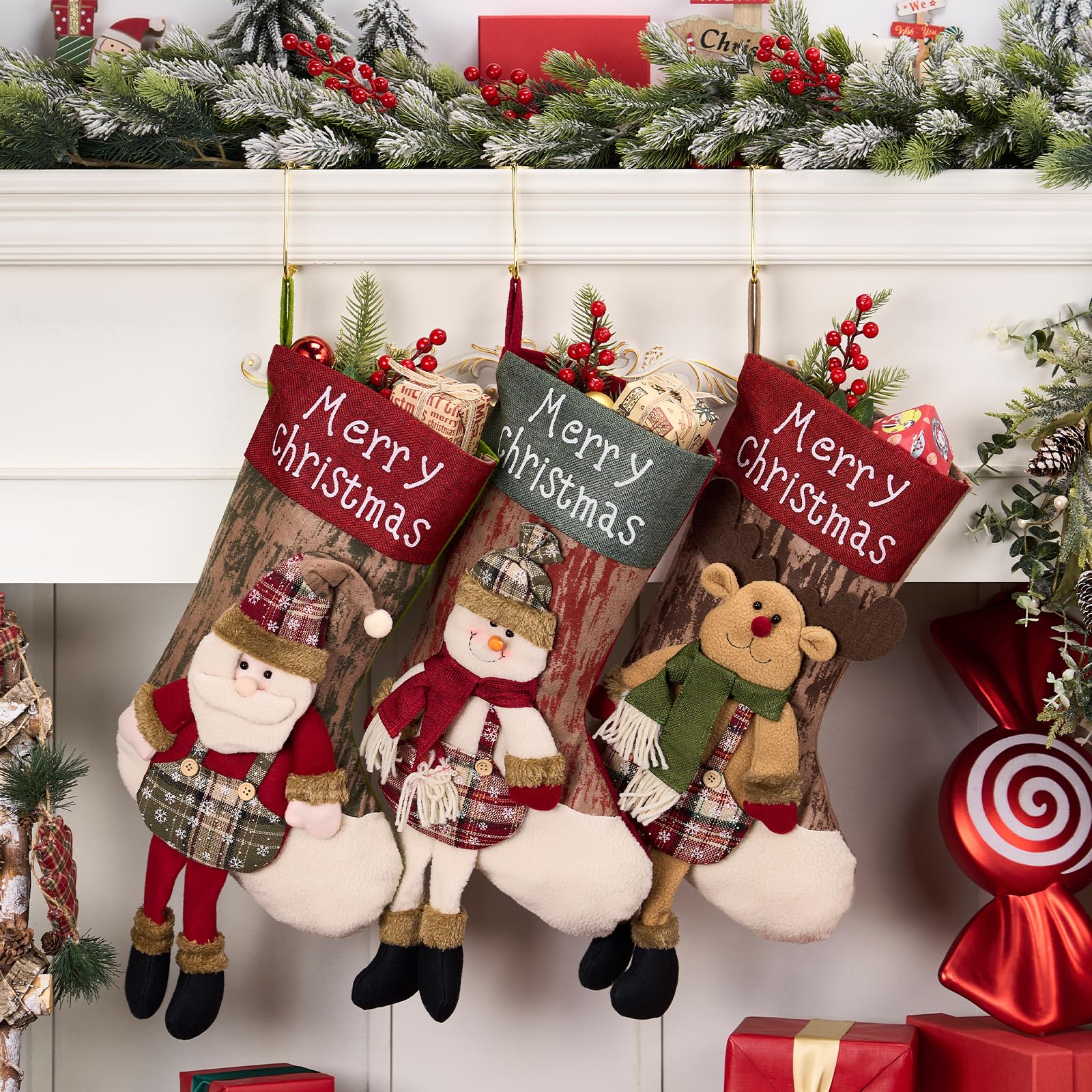 Jumbo-3D-Weihnachtsstrümpfe mit goldenen Haken, extra groß, 45,7 cm, Weihnachtssocken für Kamin, Kaminsims, Urlaubsstrümpfe, Set für Geschenke (3 Beine)