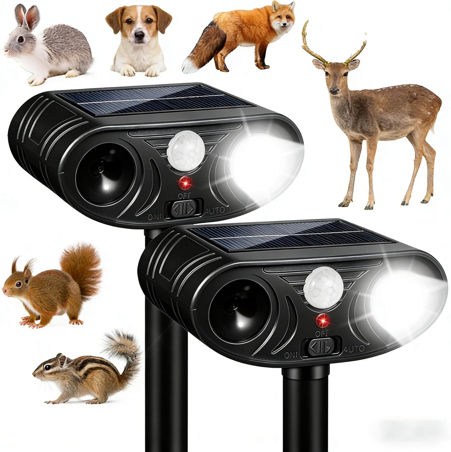 2026 Solar Ultrasonic Animal Repellent Outdoor, Motion Activated Deer Repellent Devices with Strobe Light, Waterproof Squirrel Cat Repellent Outdoor Rabbit Bird Racoon Deterrent for Yard Garden 2Pack
