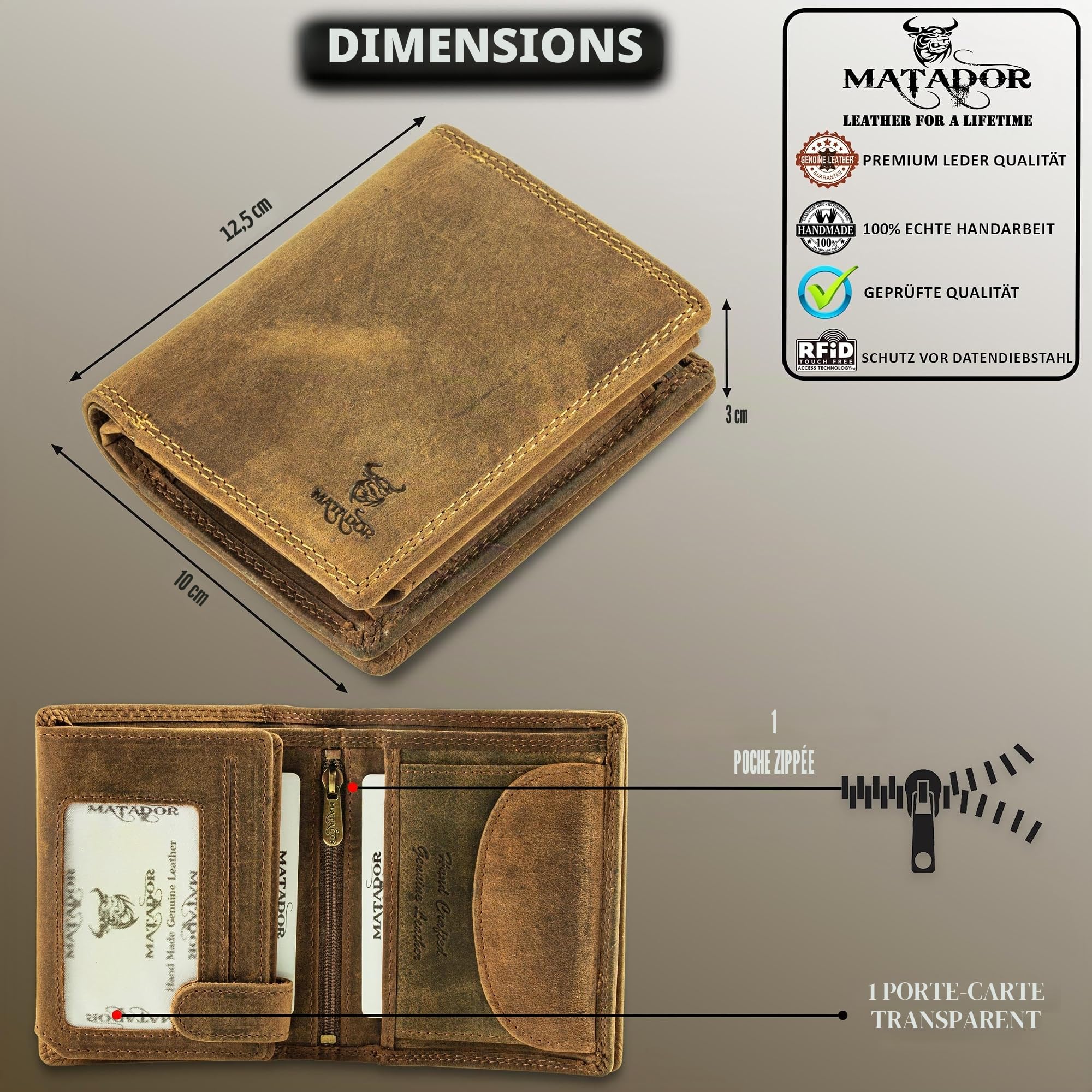 MATADOR Porte Monnaie Cuir #Toronto avec Noble Boîte Cadeau, Luxe RFID Porte Carte RFID, Portefeuilles Homme avec de Nombreux Compartiments à Cartes en Marron Chasseur