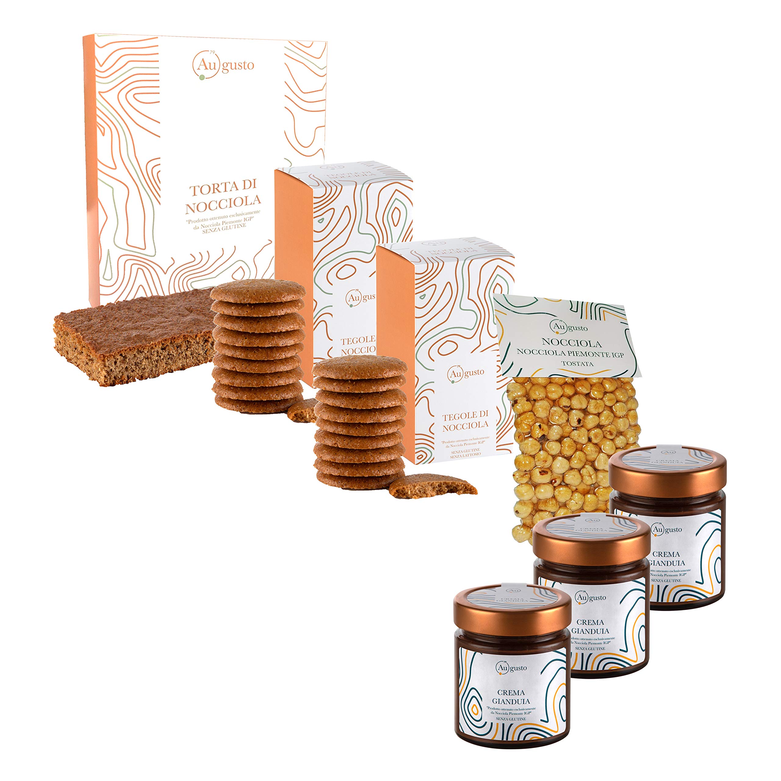 Godeat Forziere del Gusto - Cofanetto Au.gusto Delizie del Palato con una Torta di Nocciole piemonte IGP. due Tegola alla nocciola. Nocciola Piemonte IGP Tostata intera. tre Creme Gianduia