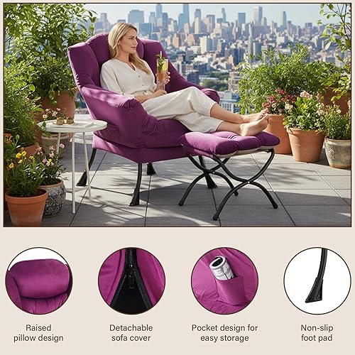 Miniatura 121 de Welnow Silla Lazy con otomana, moderna silla de descanso con reposabrazos y un bolsillo lateral, sillón para sofá de ocio, sillón de lectura